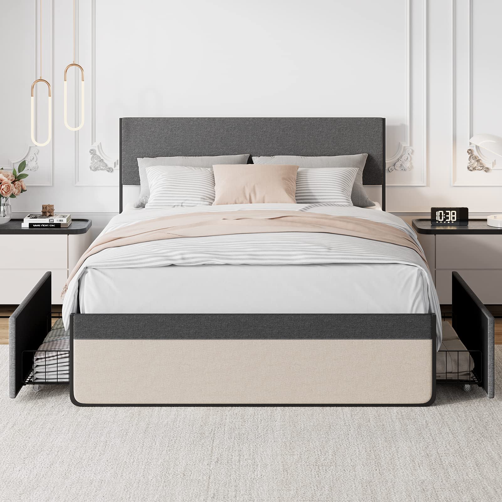 IDEALHOUSE Queen Size Bed Frame with 2 Storage Drawers - Upholstered Platform Bed with Headboard & Steel Slat Support, No Box Spring Needed - Perfect for Small Bedrooms & Guest Rooms