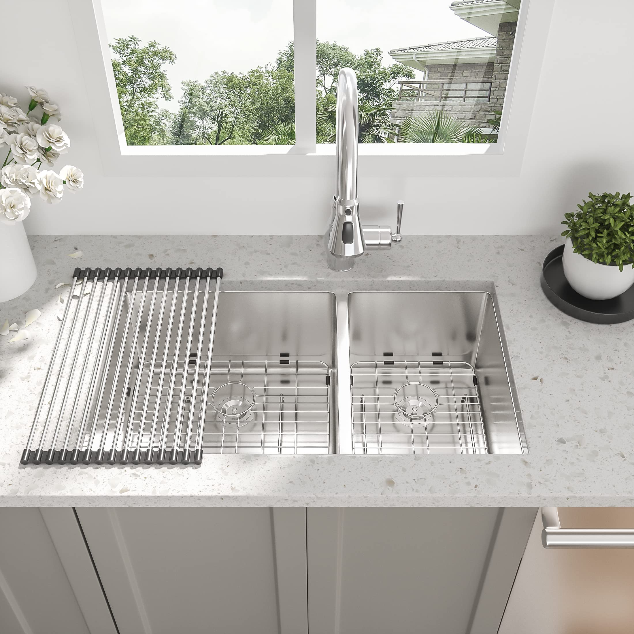 33x19x10 Inch 60/40 Undermount Double Bowl Kitchen Sink - 16 Gauge Stainless Steel for Modern Home Cooking & Cleaning