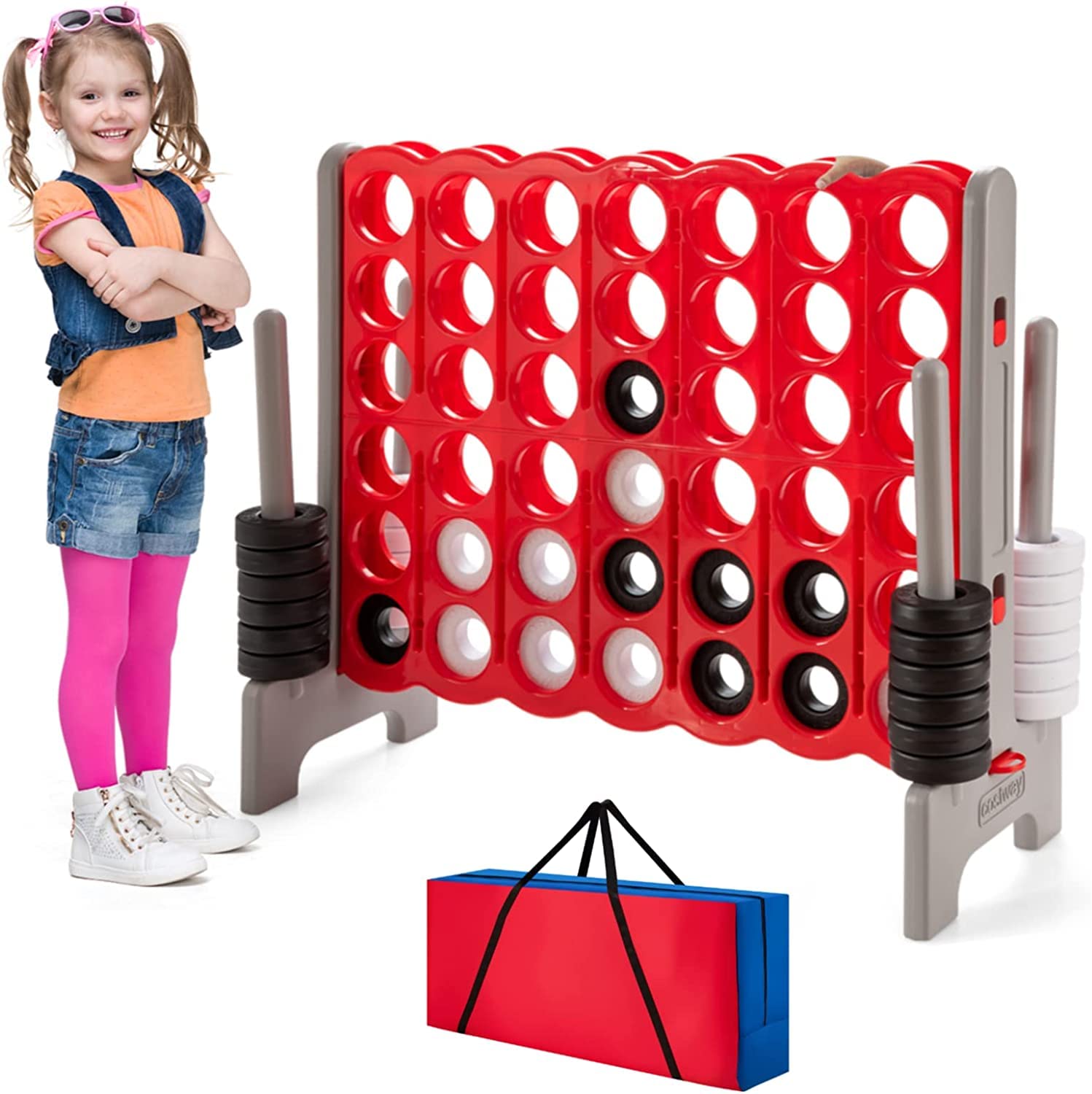 HONEY JOY Jumbo 4-to-Score Giant Game Set - Outdoor Yard Games for Family & Friends with 42 Jumbo Rings & Quick-Release Slider - 3.5FT Tall Giant 4-in-A-Row Connect Game for Kids, Adults, Backyard, Picnic & Party Fun
