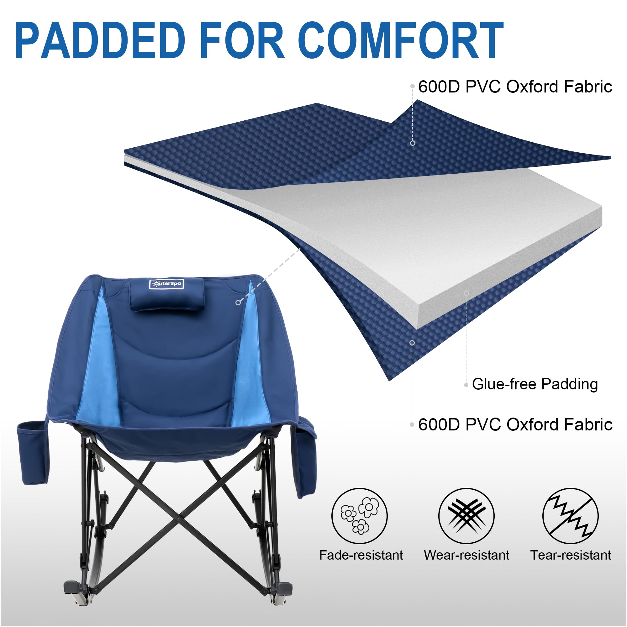 Heavy Duty Oversized Portable Folding Camping Chair with High Back & Side Cup Holders - Blue Outdoor Rocking Chair for Beach, Fishing, Picnic, Concert, Lawn & Travel - Perfect for Relaxing in Backyard, Camping Trips & Outdoor Events