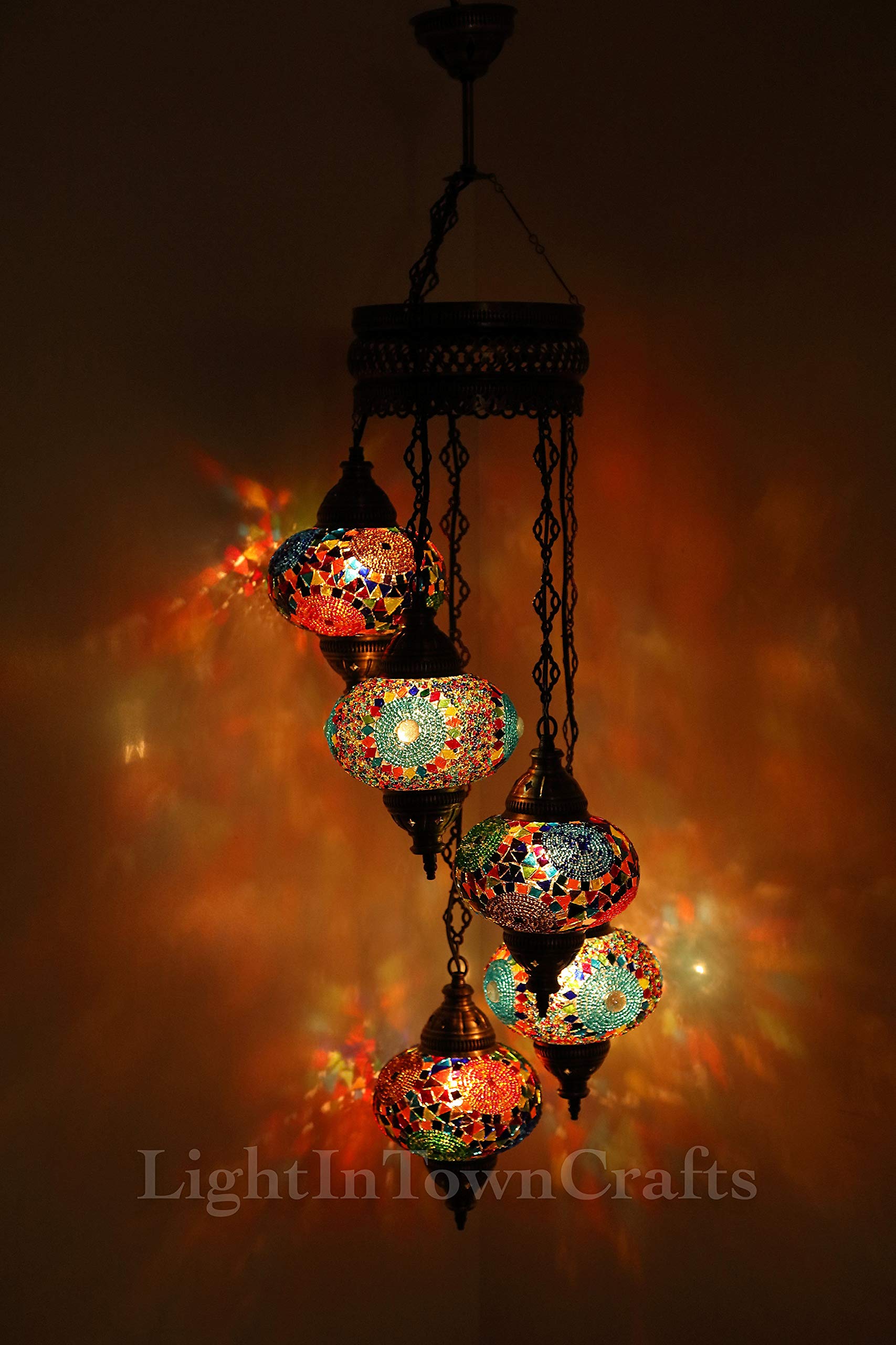 5 Globes Mosaic Chandelier - Turkish Tiffany Stained Glass Lamp - Moroccan Ceiling Pendant Light - Handcrafted Hanging Lantern for Living Room, Bedroom & Dining Room Decor
