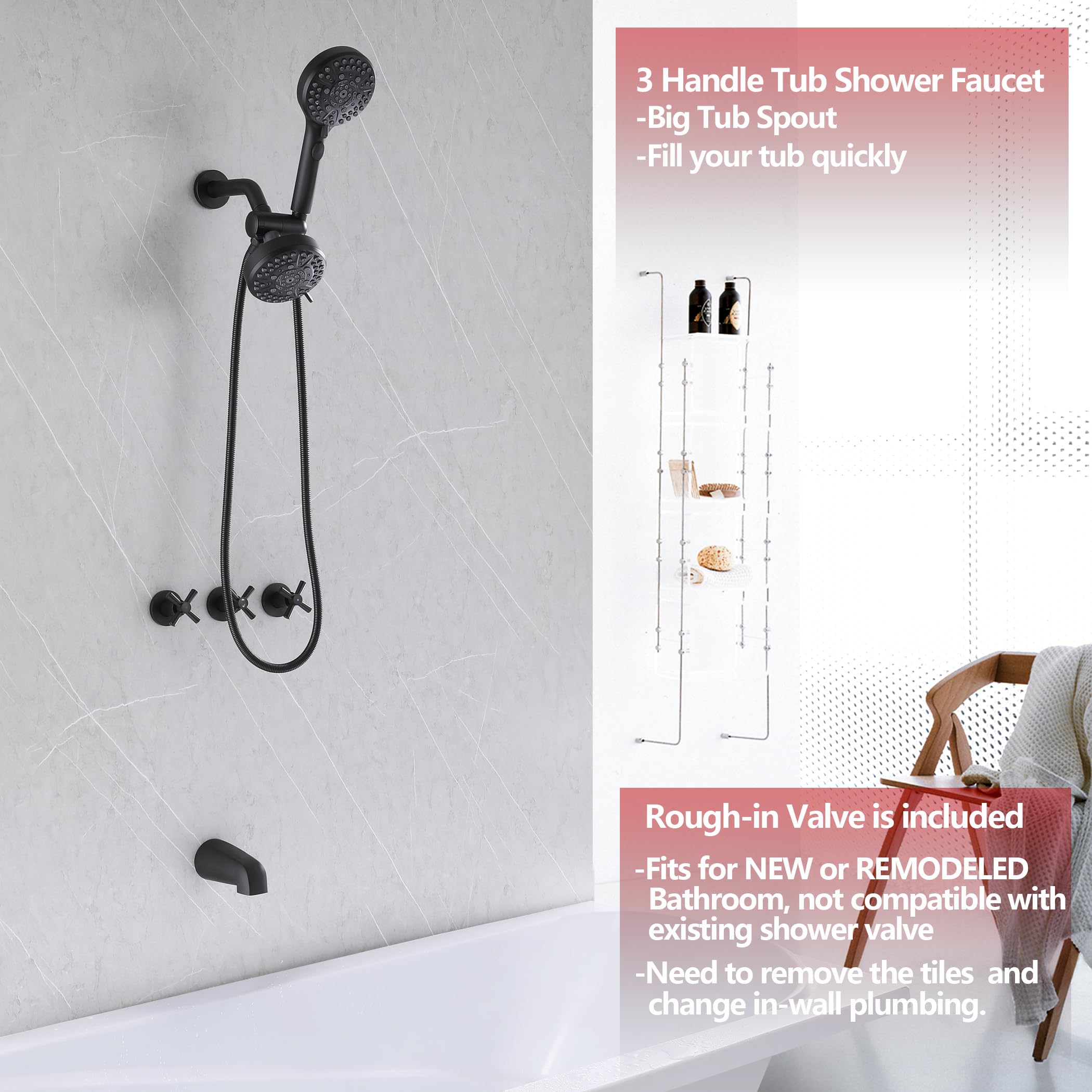 3 Handle Matte Black Tub Shower Faucet Set with Tub Spout & Valve - Complete Bathtub Shower Trim Kit for Bathroom Renovation | Perfect for Modern Home & Spa-Like Shower Experience