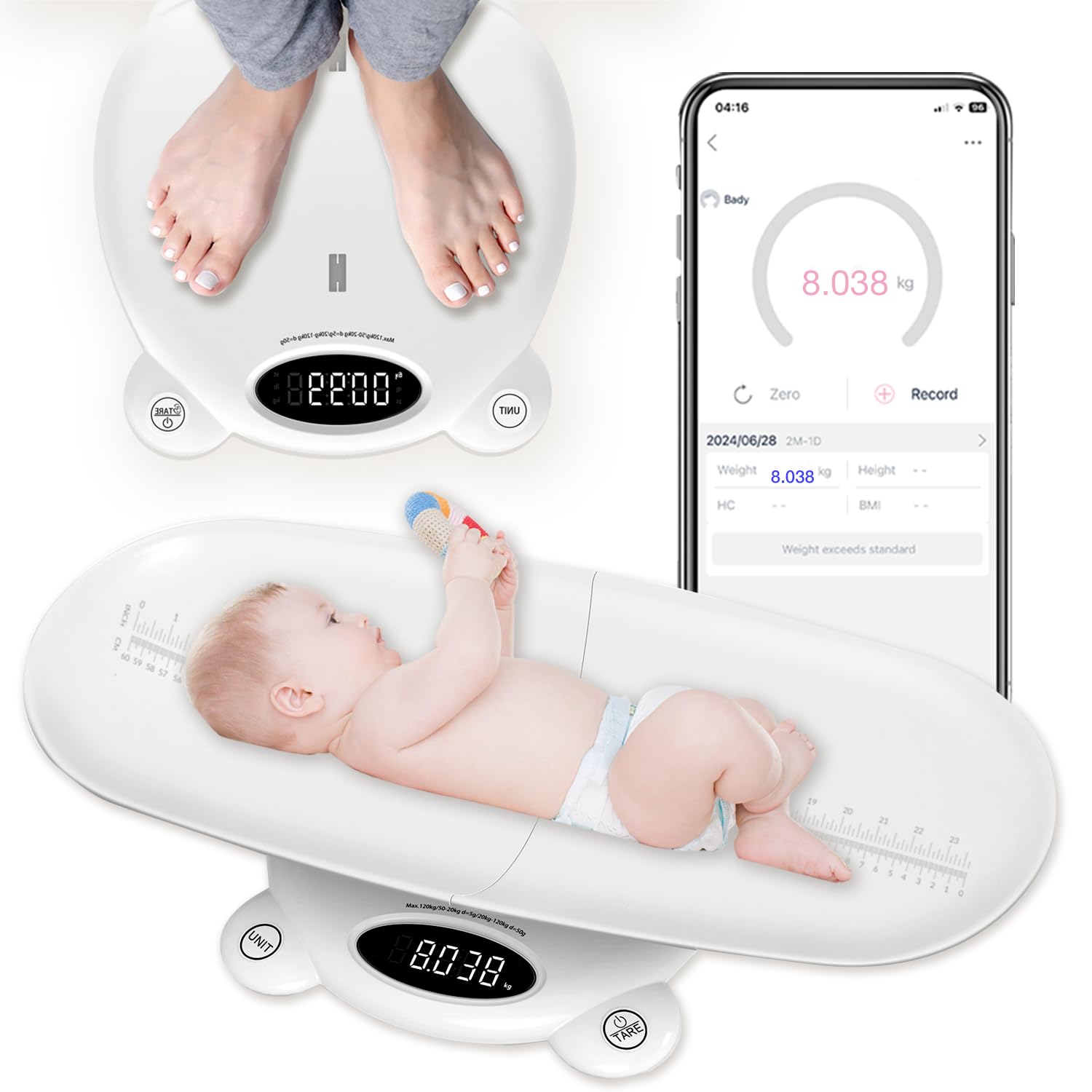 Smart Baby Scale with App - Digital Weight & Height Tracker for Infants, Toddlers, Adults & Pets (0-265 lbs) - Auto Lock, LED Display - Perfect for Home Nursery, Pediatric Checkups & Pet Health Monitoring