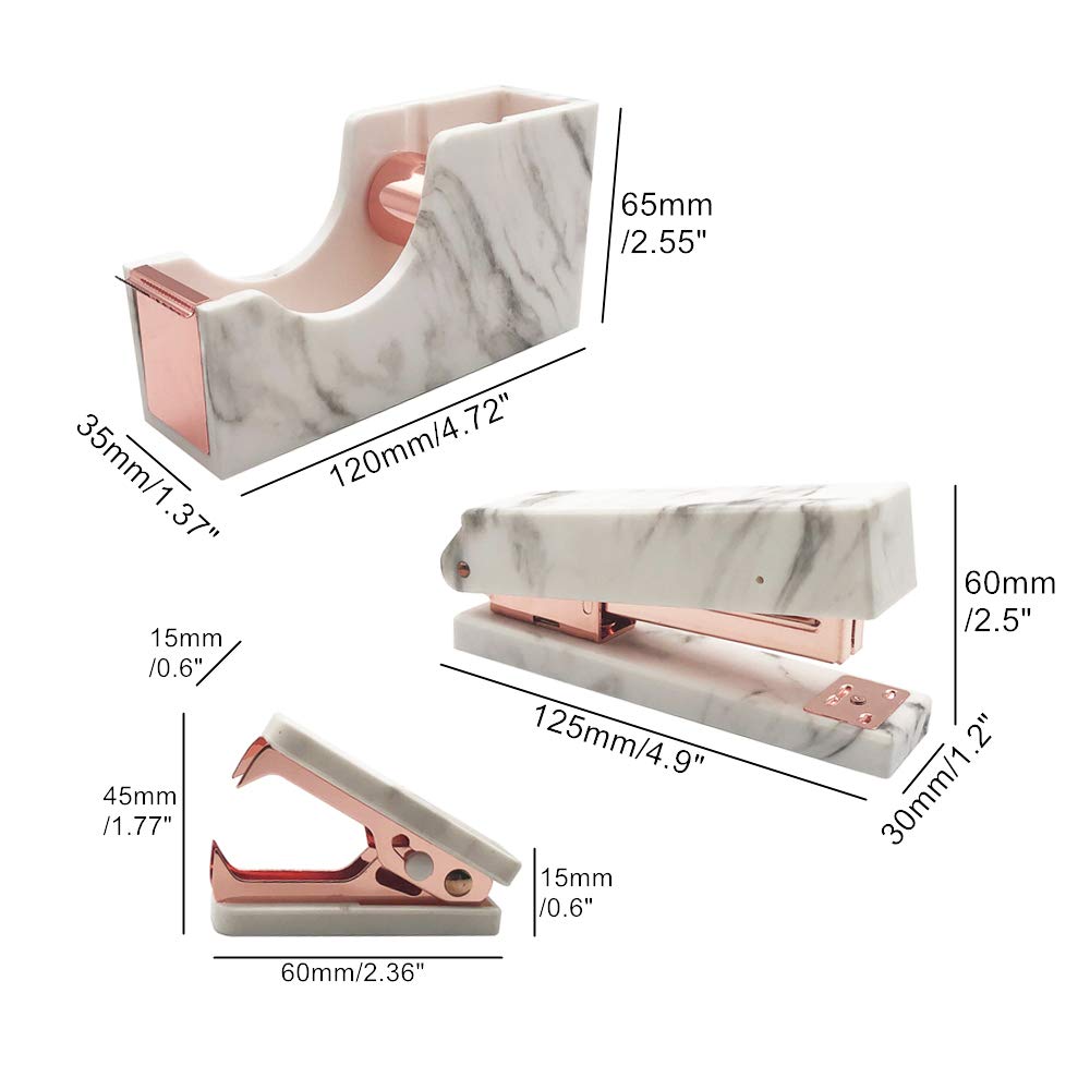 Rose Gold Marble Print Stapler, Staples Remover & Tape Dispenser Set - Elegant Office Desk Accessories for Professionals | Perfect Executive Gift & Desktop Organizer for Home & Office Use