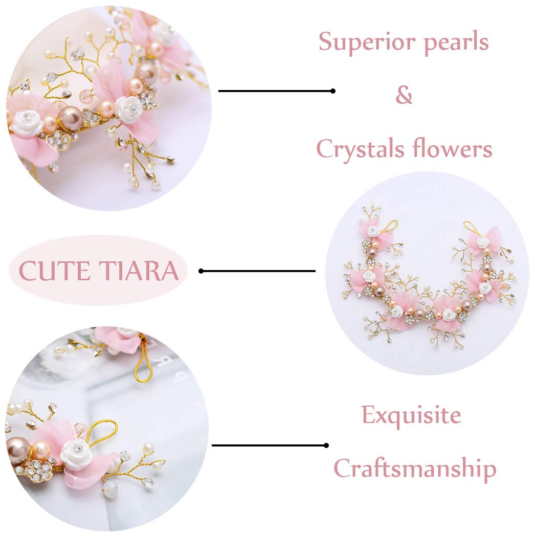 Princess Flower Headpiece with Pearls & Crystals - Elegant Bridal Wedding Hair Accessories for Flower Girls (Pink) | Perfect for Weddings, Pageants & Special Occasions