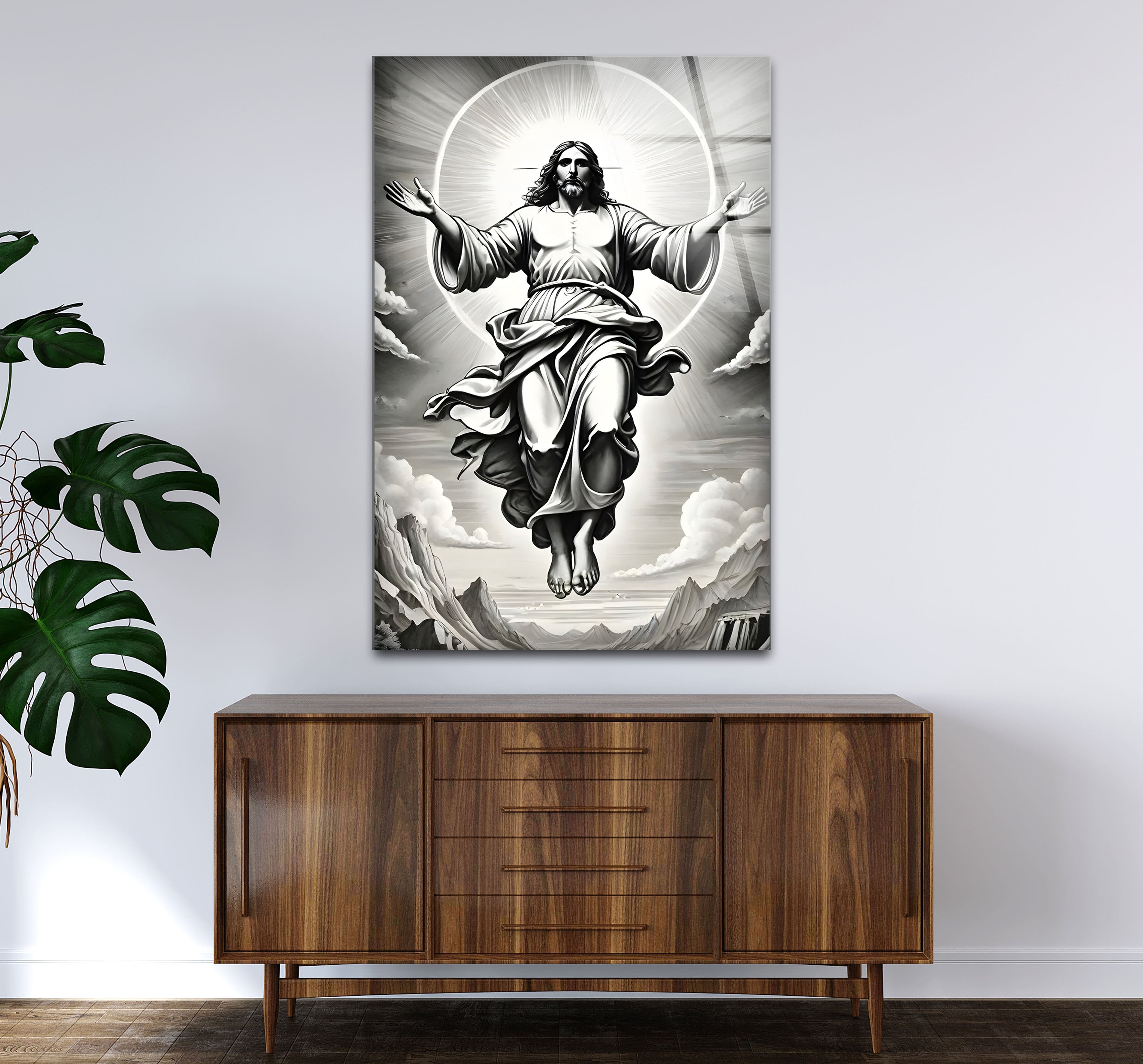 Black and White Jesus Christ Glass Wall Art - Religious Home Decor for Living Room, Bedroom & Church