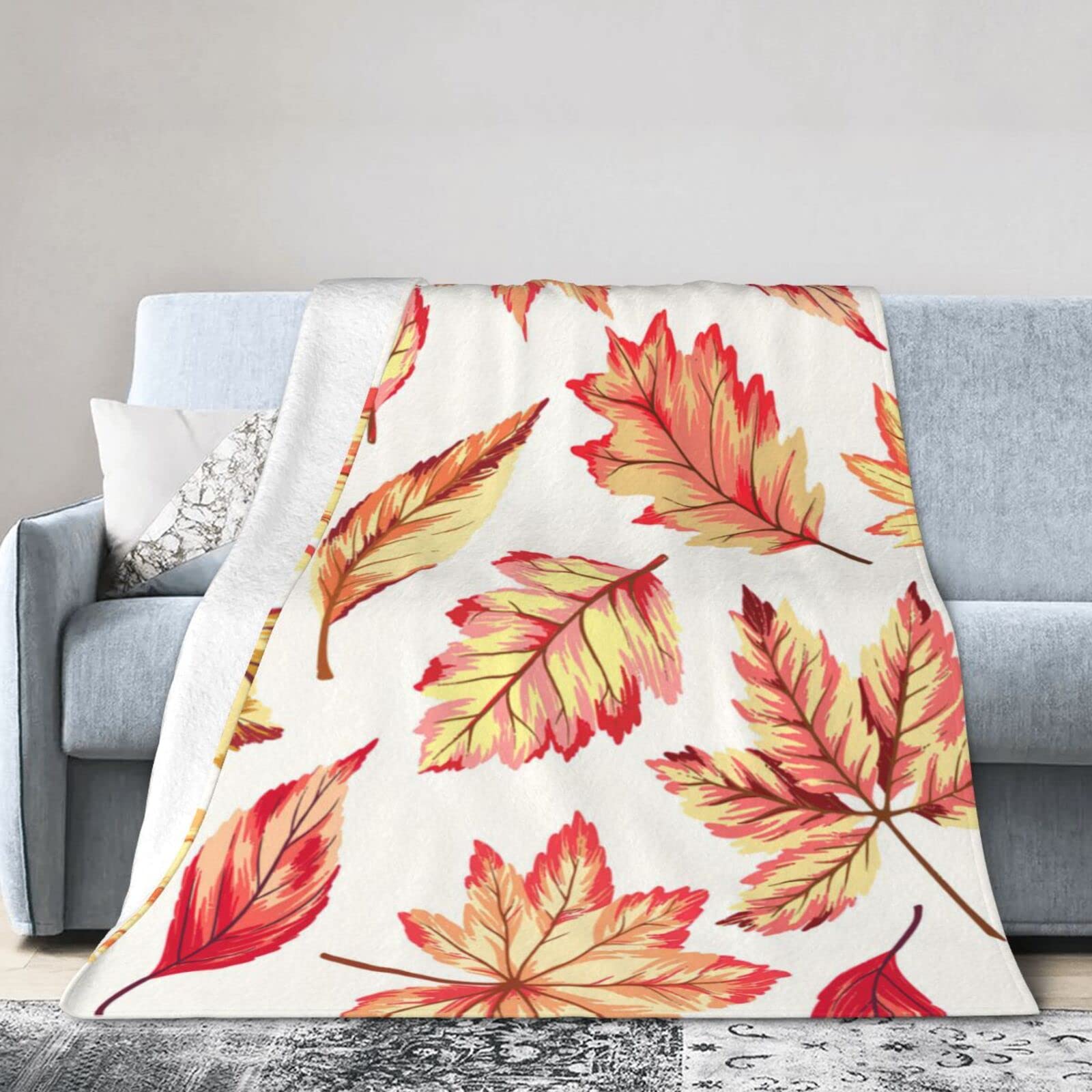 Soft Ultra Plush Velvet Fleece Throw Blanket with Colorful Autumn Leaves Print - 80