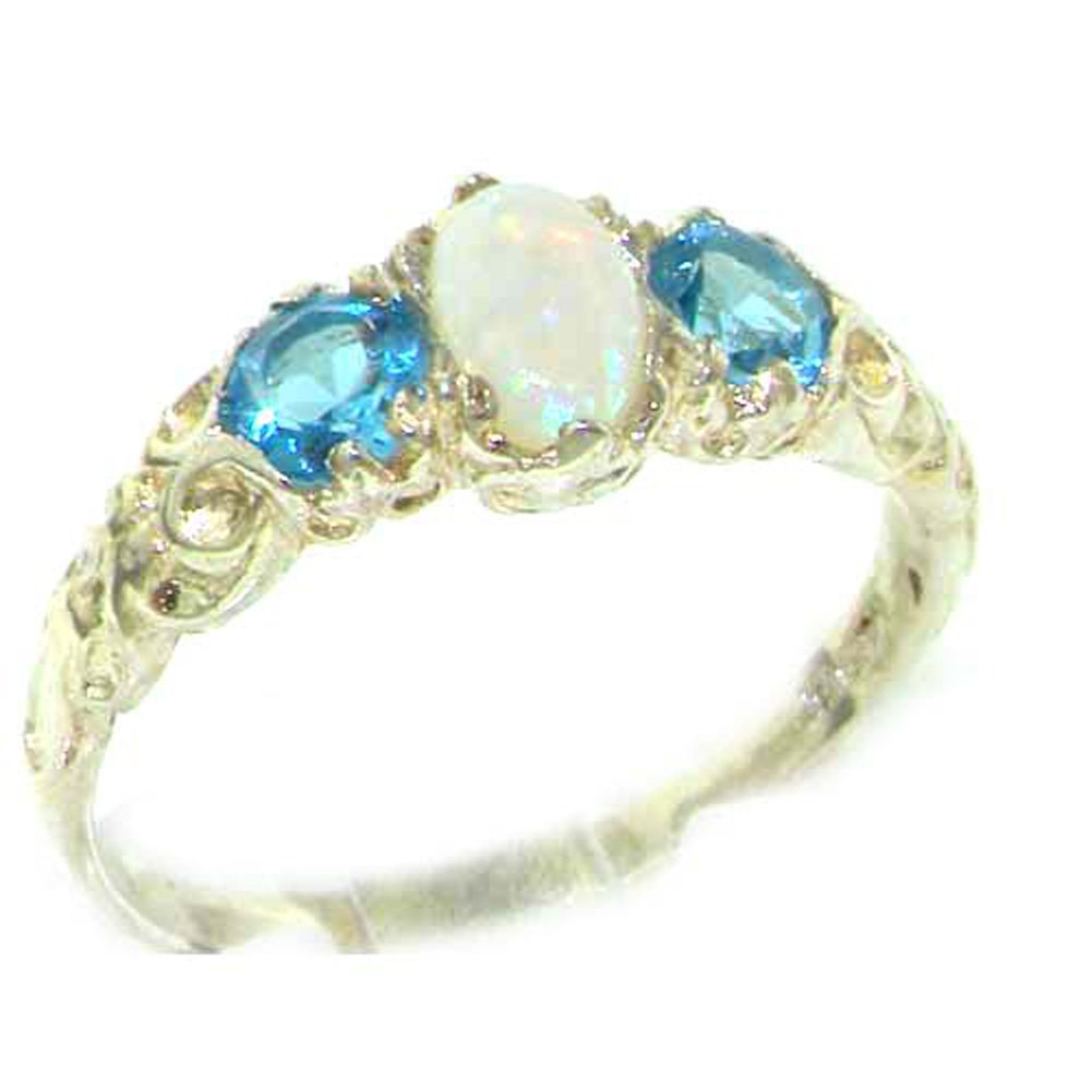 10K White Gold Genuine Opal & Blue Topaz Women's Band Ring - Elegant Stackable Ring for Everyday Wear, Anniversary Gifts & Special Occasions