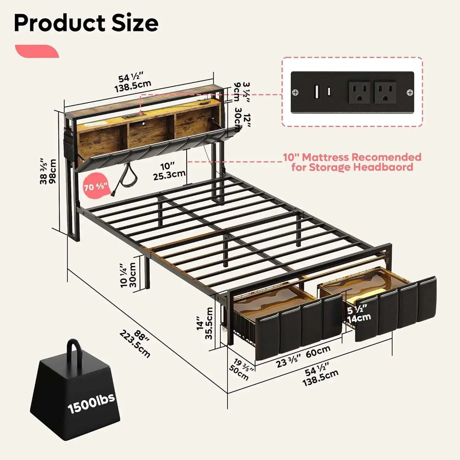 Bestier LED Bed Frame with Hidden Storage Headboard - Queen Size Modern Platform Bed with USB Ports & Touch Control - Perfect for Bedroom, Guest Room & Small Spaces