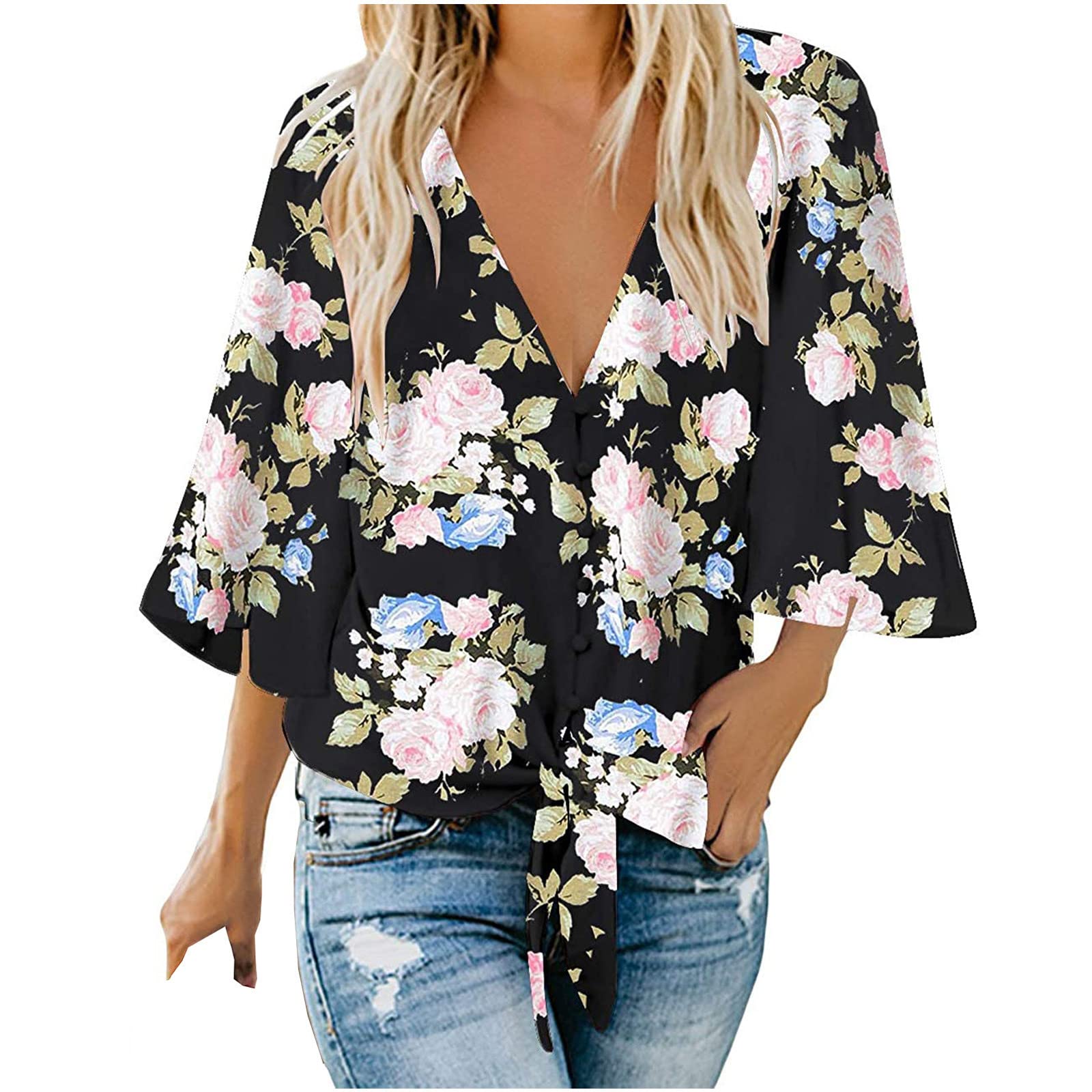 Women's Casual V-Neck Bell Sleeve Henley Shirts - Trendy 3/4 Sleeve Loose Hawaiian Blouse Tunic for Beach Outings & Summer Vacations