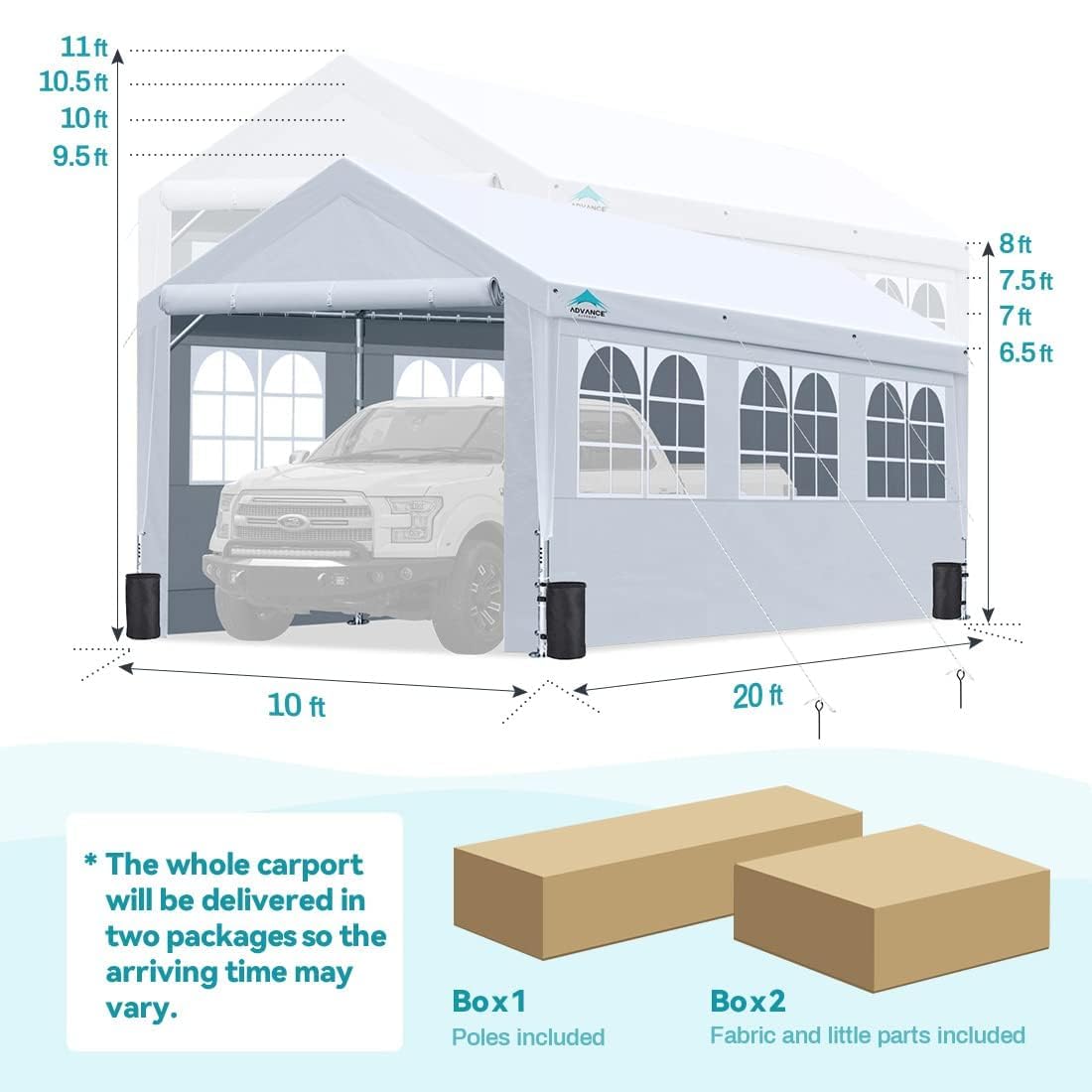 ADVANCE OUTDOOR 10x20 ft Heavy Duty Adjustable Height Carport Canopy - Weatherproof Garage Shelter for Cars, Boats & Outdoor Events with Removable PVC Windows & Sidewalls - Perfect for Weddings, Parties & Vehicle Protection (White)