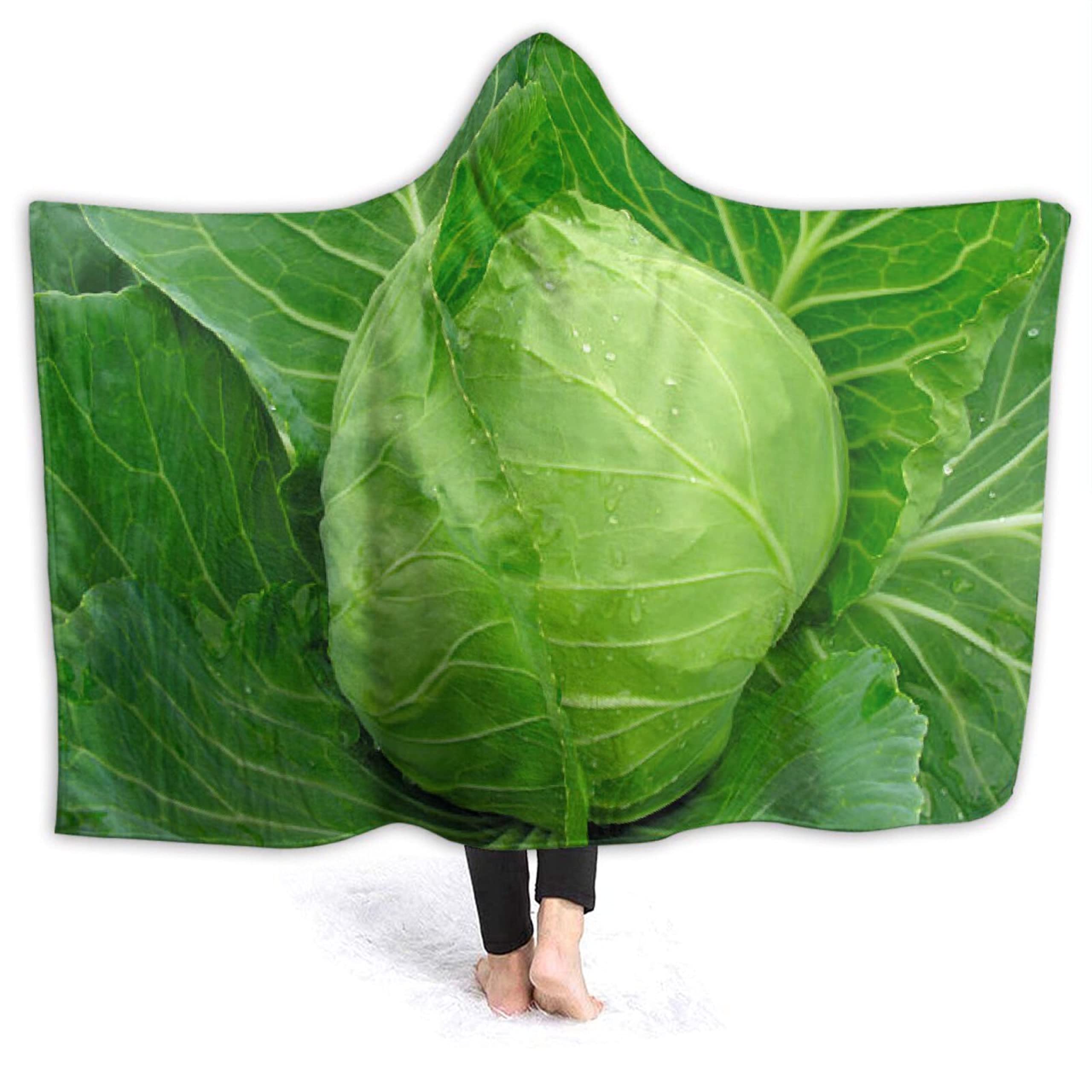 Realistic Cabbage Hooded Blanket - Soft Flannel Wearable Poncho for Adults & Kids - 80x60 Inch Funny Novelty Throw Blanket - Perfect for Bed, Sofa, Couch & Travel - Cozy Gift for Food Lovers & Anime Fans