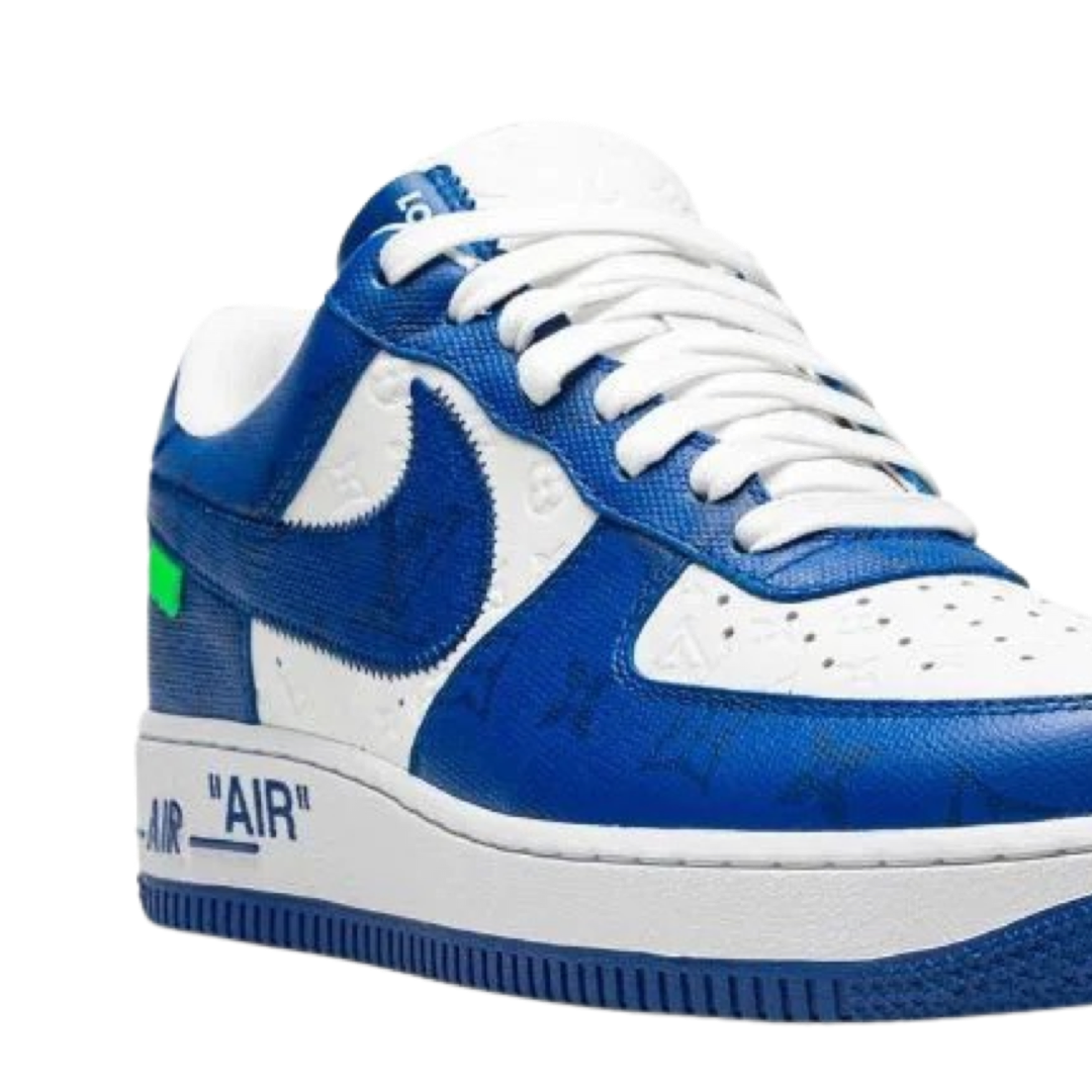 Louis Vuitton x Off White Air Force 1 Low Royal Blue White Sneakers by Virgil Abloh - Limited Edition Luxury Streetwear Shoes for Men, Fashion Statement & Collector's Item - Perfect for Urban Street Style, Sneakerhead Collections and High-End Casual Wear