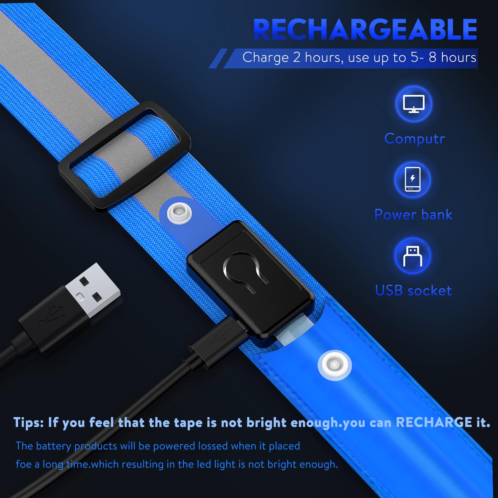 Simket Rechargeable LED Reflective Sash - Adjustable High Visibility Safety Gear for Night Walking, Jogging, Running & Biking - Perfect for Men & Women Outdoor Activities in Low Light Conditions