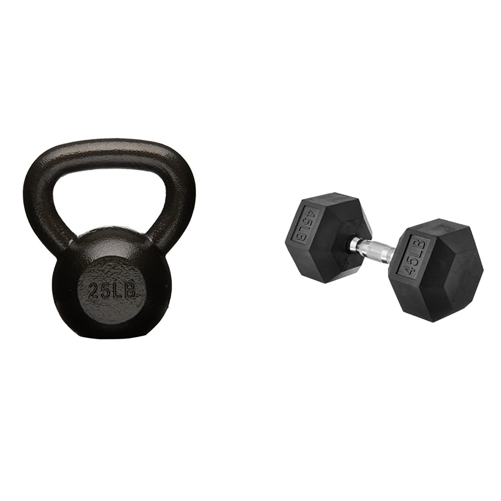 Amazon Basics Rubber Encased Hex Dumbbell (45 lbs) & Cast Iron Kettlebell (25 lbs) - Home Gym Strength Training Equipment for Weightlifting, CrossFit, and Full-Body Workouts