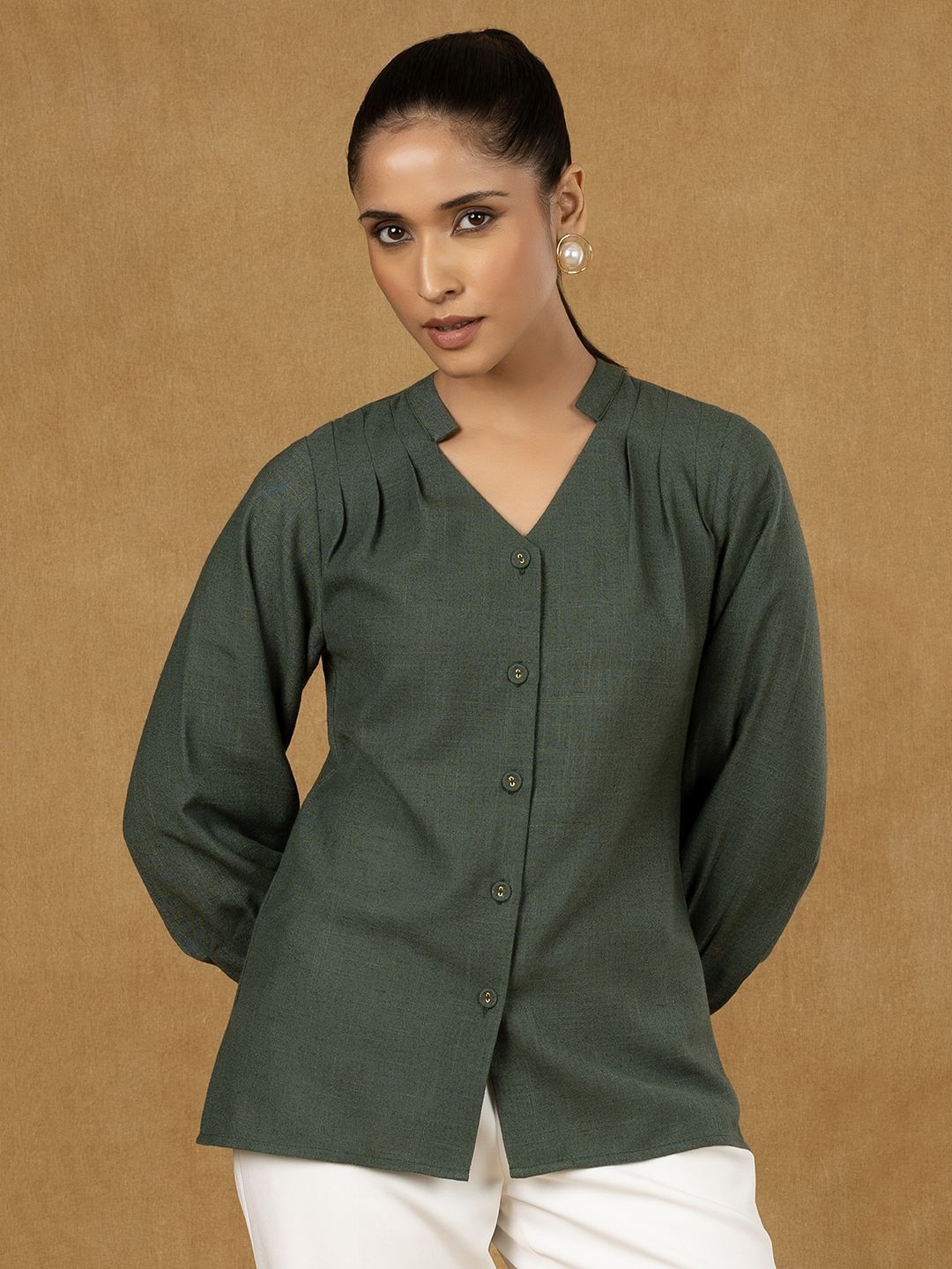 Stylish Green Mandarin Collar Pleated Blouse for Women | Elegant Asian-Inspired Fashion Top | Perfect for Office Wear, Date Nights & Special Occasions
