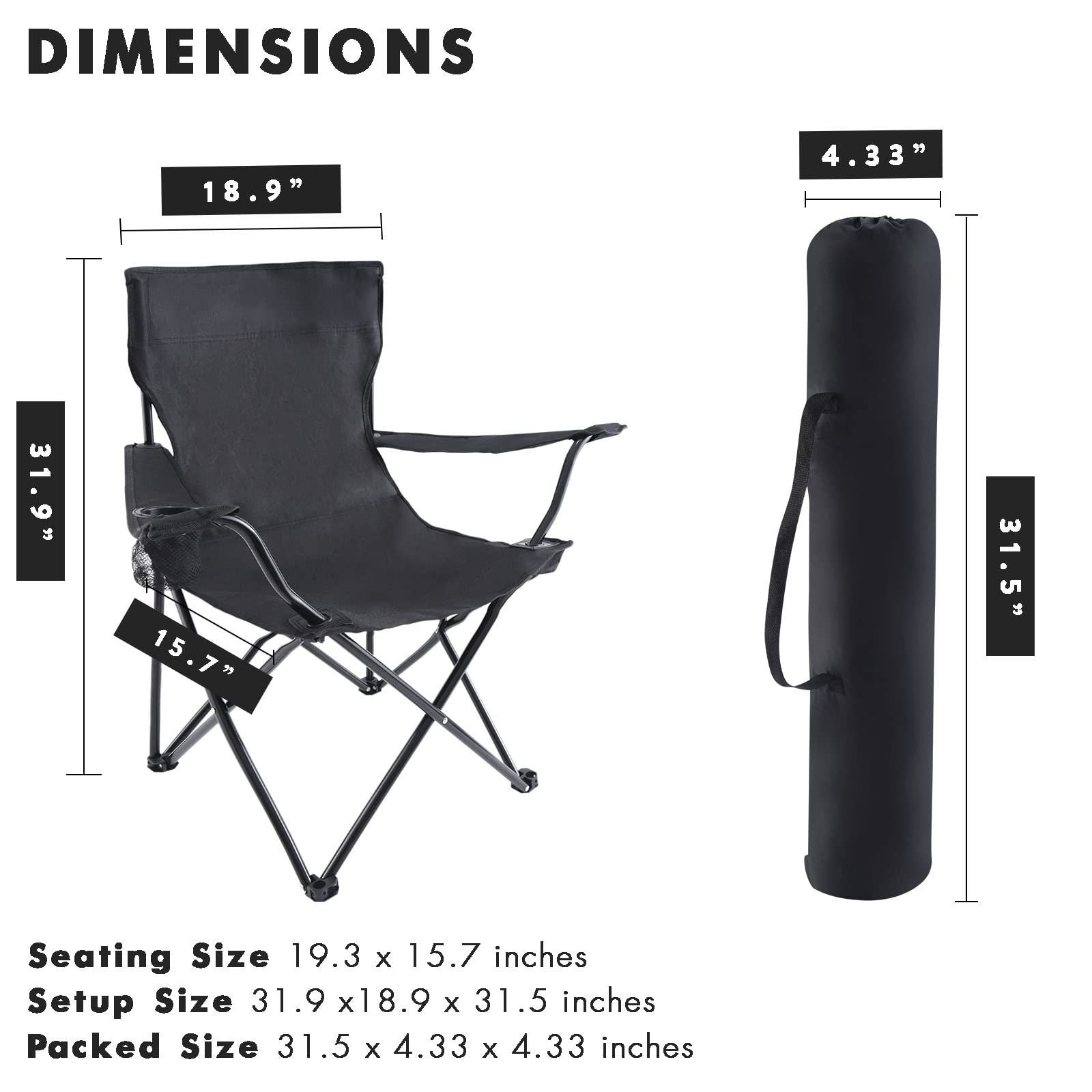 YSSOA Portable Folding Camping Chair - Lightweight Outdoor Chair for Hiking, Picnics, Beach, Fishing & Backyard (Black) | Compact Sports Chair with Carry Bag | Perfect for Camping, Travel & Outdoor Events