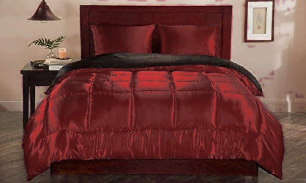 Luxury 3-Piece Queen Size Burgundy Satin Silk Comforter Set - Soft Cotton Blend Bedding with 1 Comforter & 2 Pillowcases - Perfect for Master Bedroom, Guest Room & Hotel Style Decor