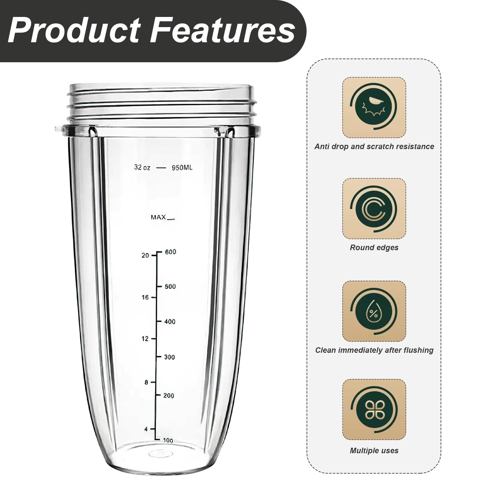 Anevios 32OZ Clear Replacement Cups for NutriBullet 600W & 900W Blenders - Compatible Juicer Cup Parts & Accessories - Perfect for Smoothies, Juicing, and Meal Prep