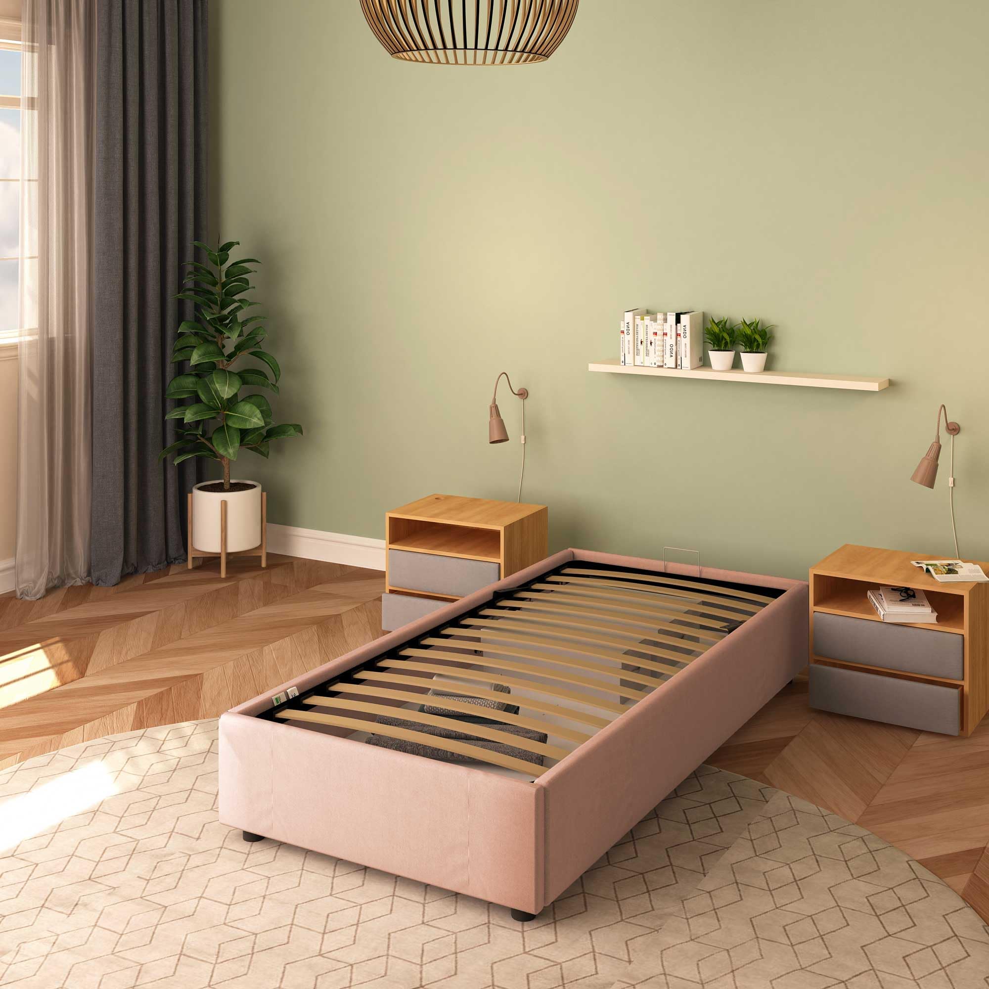 Baldiflex Square and Half Bed with Storage Container, Cloe Fabric Model, No Headboard, Slatted Base for Mattresses, 100 x 200 cm, Antique Pink - Perfect for Small Bedrooms, Guest Rooms & Kids' Rooms