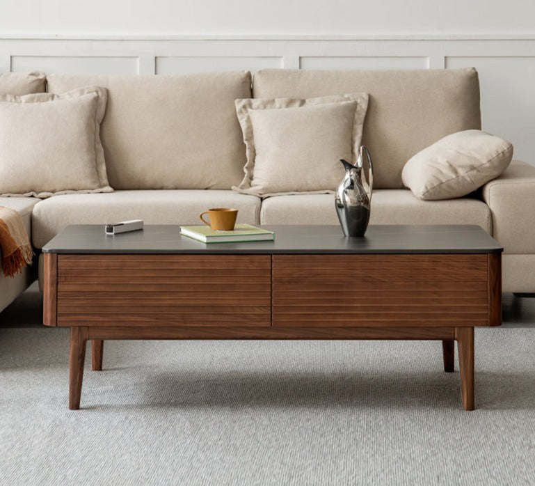 Solid Black Walnut Wood Coffee Table with Natural Slate Top - Perfect for Living Room, Lounge & Modern Home Decor