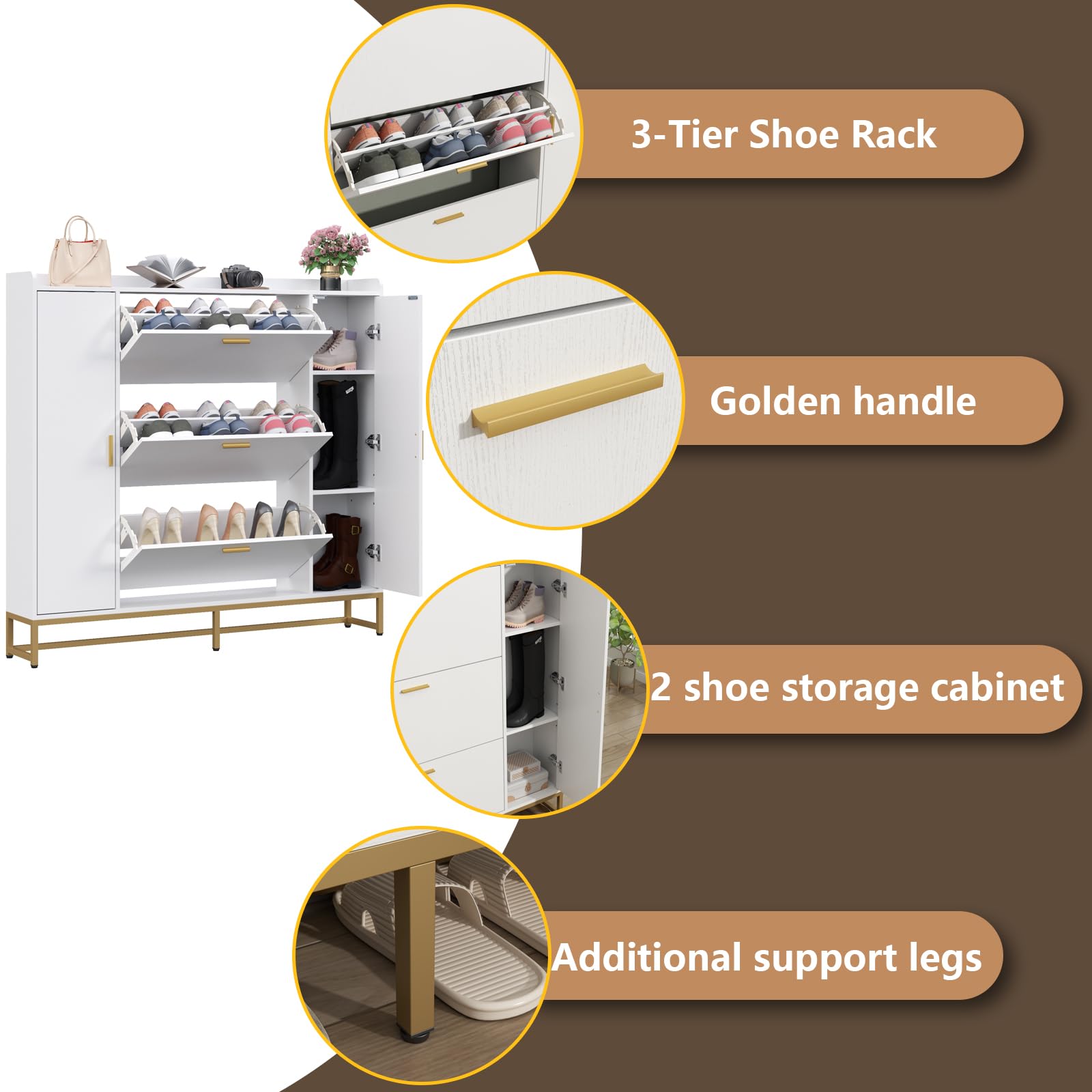 Modern White Shoe Cabinet with 3 Flip Drawers & 2 Storage Compartments - Freestanding Entryway Organizer with Metal Legs for Hallway, Living Room, Bedroom - Slim Shoe Storage Rack for Sneakers, Boots & Home Organization