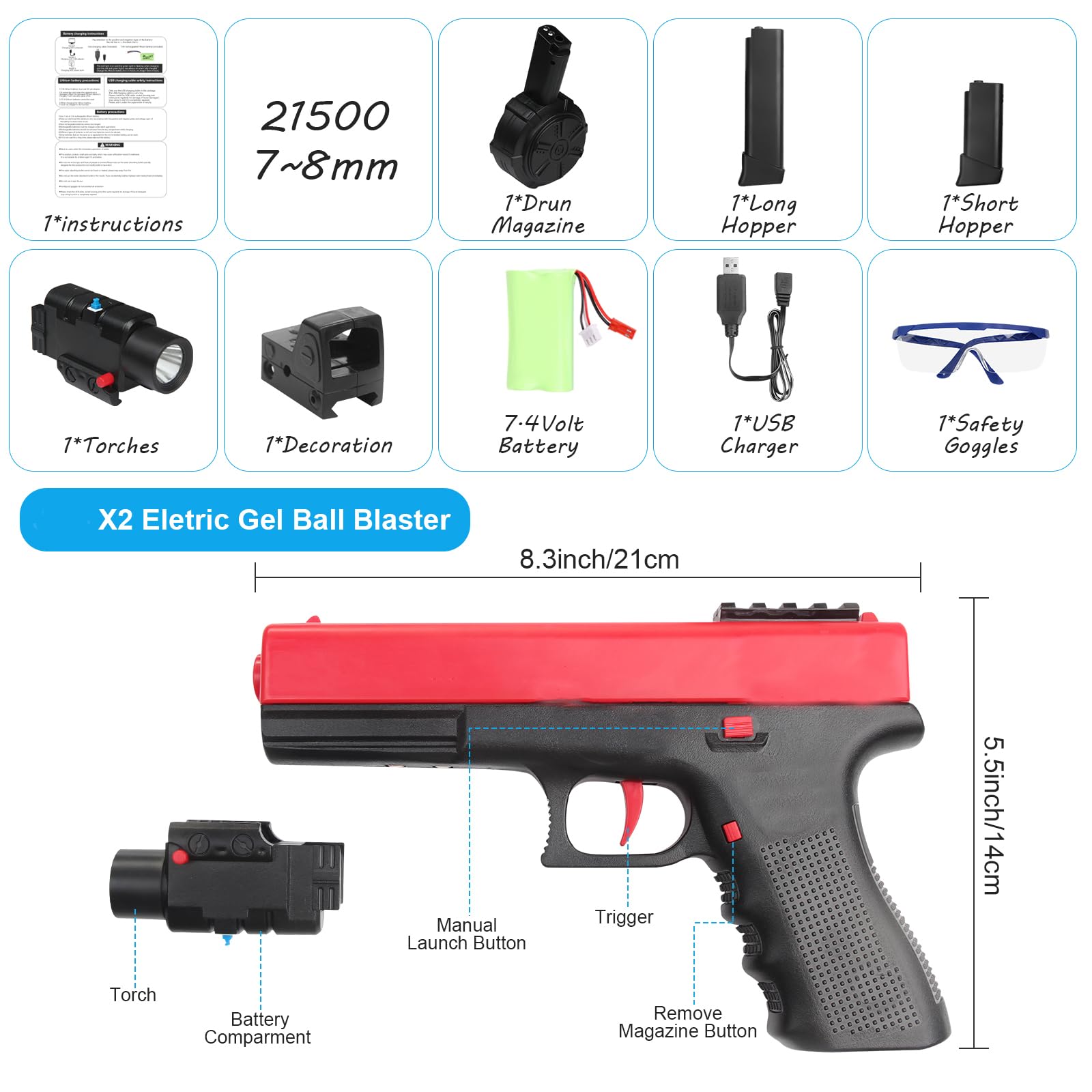 Full Auto Gel Blaster X2 with Goggles & Drum Magazine - Outdoor Shooting Toy for Teens & Adults (Ages 14+) - Perfect for Christmas, Easter, Backyard Battles & Team Games - Red