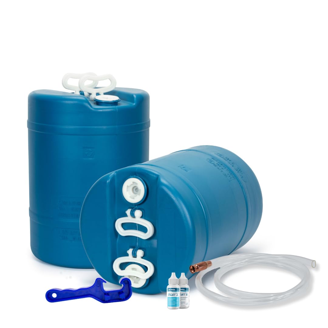 15 Gallon Emergency Water Storage Barrel - BPA Free Food Grade Plastic Water Tank Drum - Portable & Reusable Survival Supply for Hurricane, Camping, Disaster Preparedness (2 Pack)