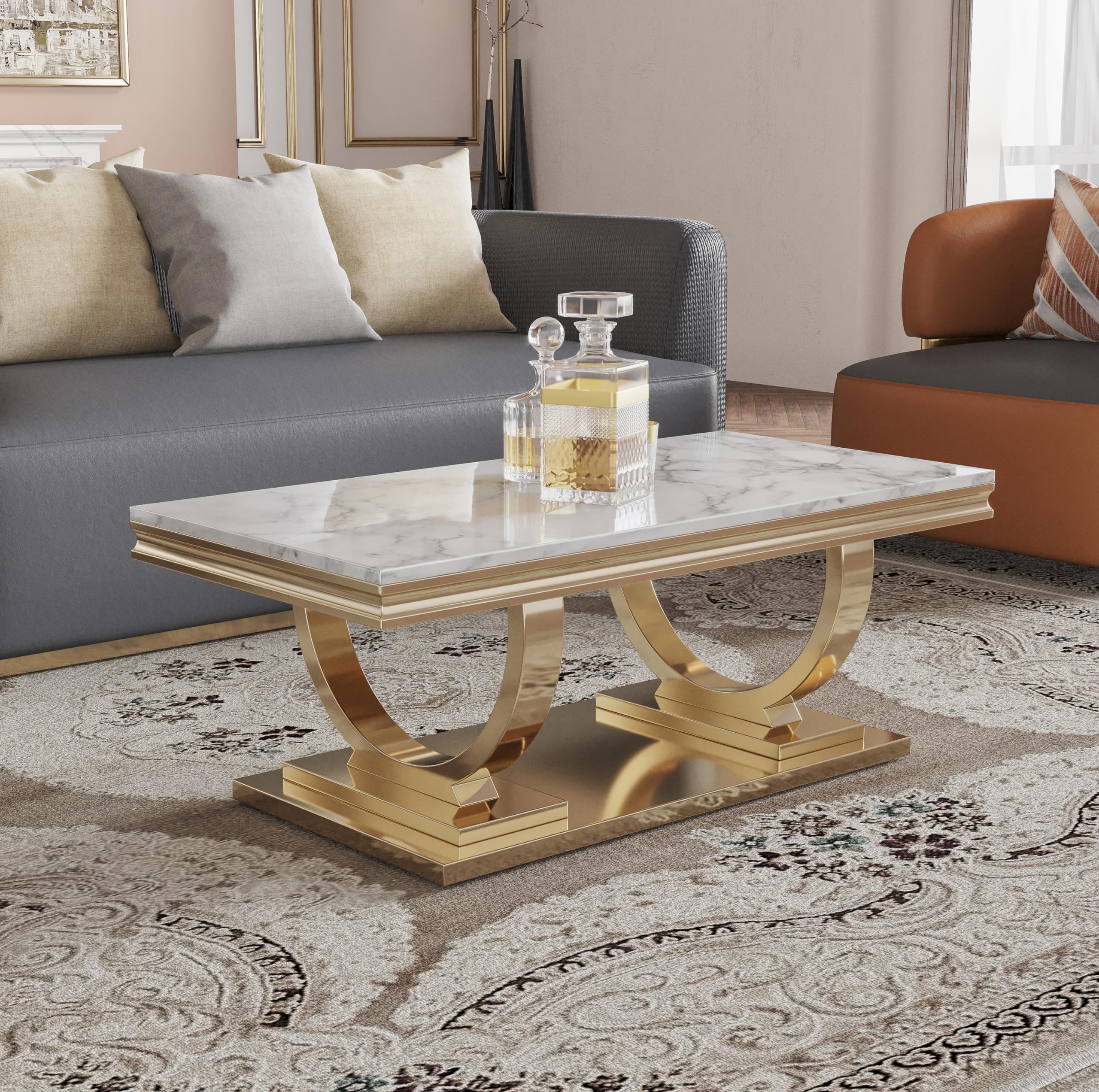 3-Piece Faux Marble Coffee Table Set with Wood Tabletop & Stainless Steel Frame - Modern Living Room Furniture for Apartment, Home Office (Gold) | Perfect for Small Spaces, Entertaining Guests & Stylish Home Decor