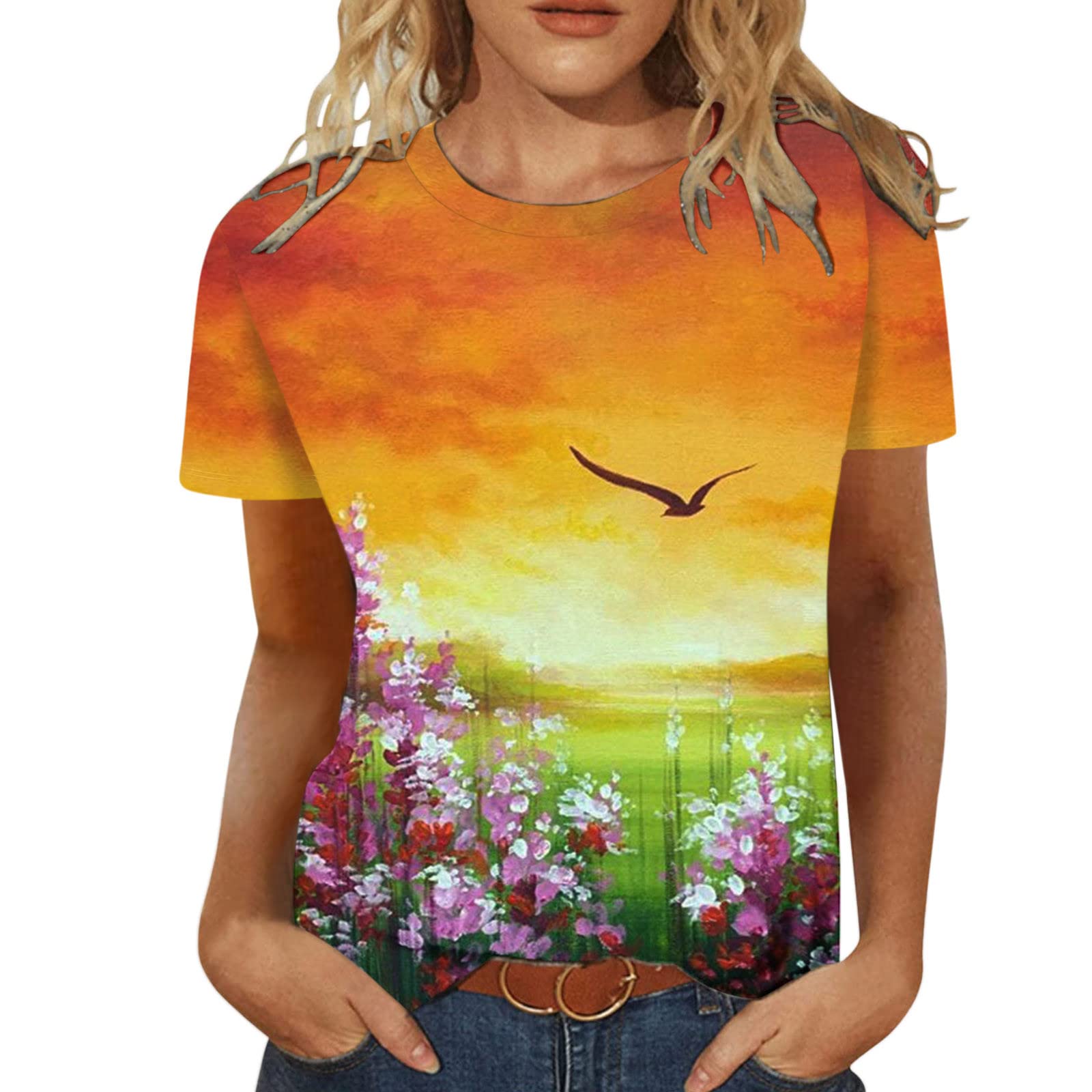 Women's Floral Print Crewneck T-Shirt - Casual Fit Tunic Top for Workout & Everyday Wear | Summer & Fall Blouse for Office, Gym, and Weekend Outings