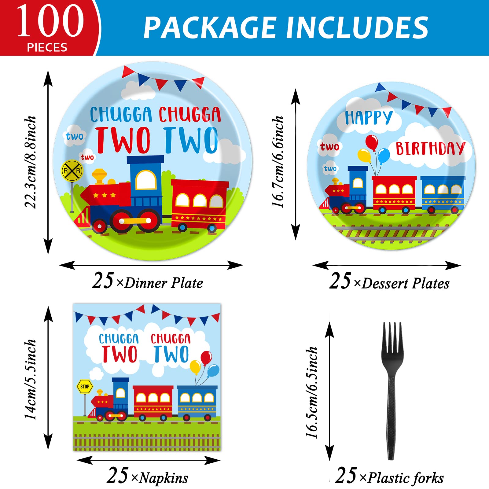 100 PCS Chugga Chugga Two Two Train-Themed Party Supplies Set - Disposable Paper Plates, Napkins & Forks for 2nd Birthday Decorations (Serves 25) | Perfect for Kids Transportation Theme Parties & Baby Shower Tableware