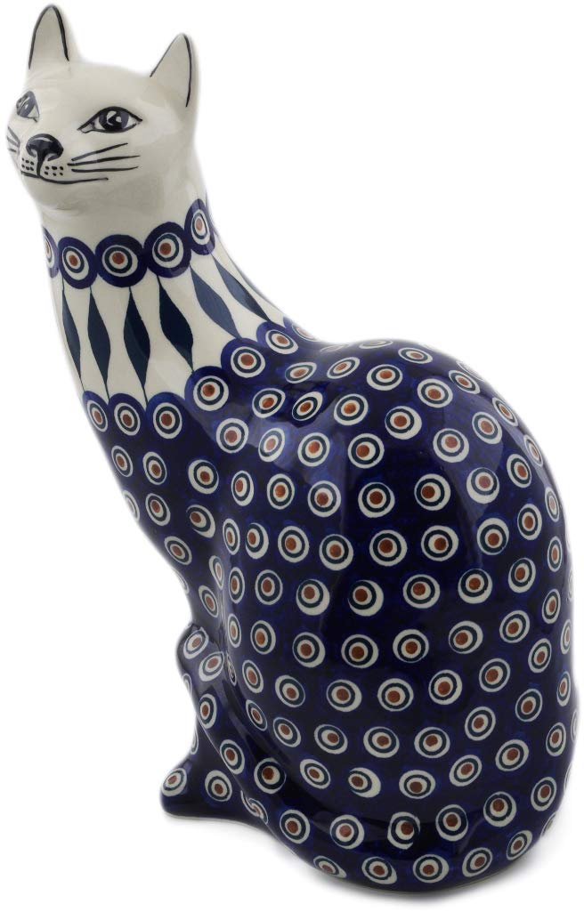 Authentic Polish Pottery 13-inch Cat Figurine - Handcrafted Peacock Design with Certificate of Authenticity | Unique Home Decor, Gift for Cat Lovers & Collectors