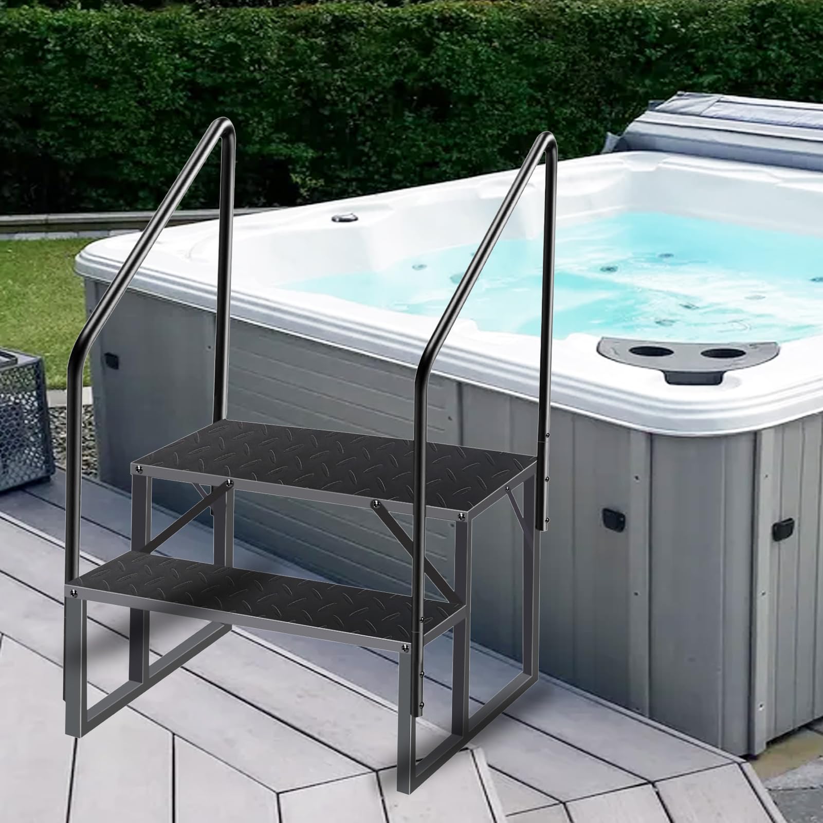 **Non-Slip Hot Tub Steps with Handrails - 2-Step Ladder for Above Ground Pools, RV, Camper, Trailer & Porch - Durable Anti-Slip Stairs for Safe Entry & Exit - Perfect for Swimming Pools, Spas & Outdoor Relaxation**