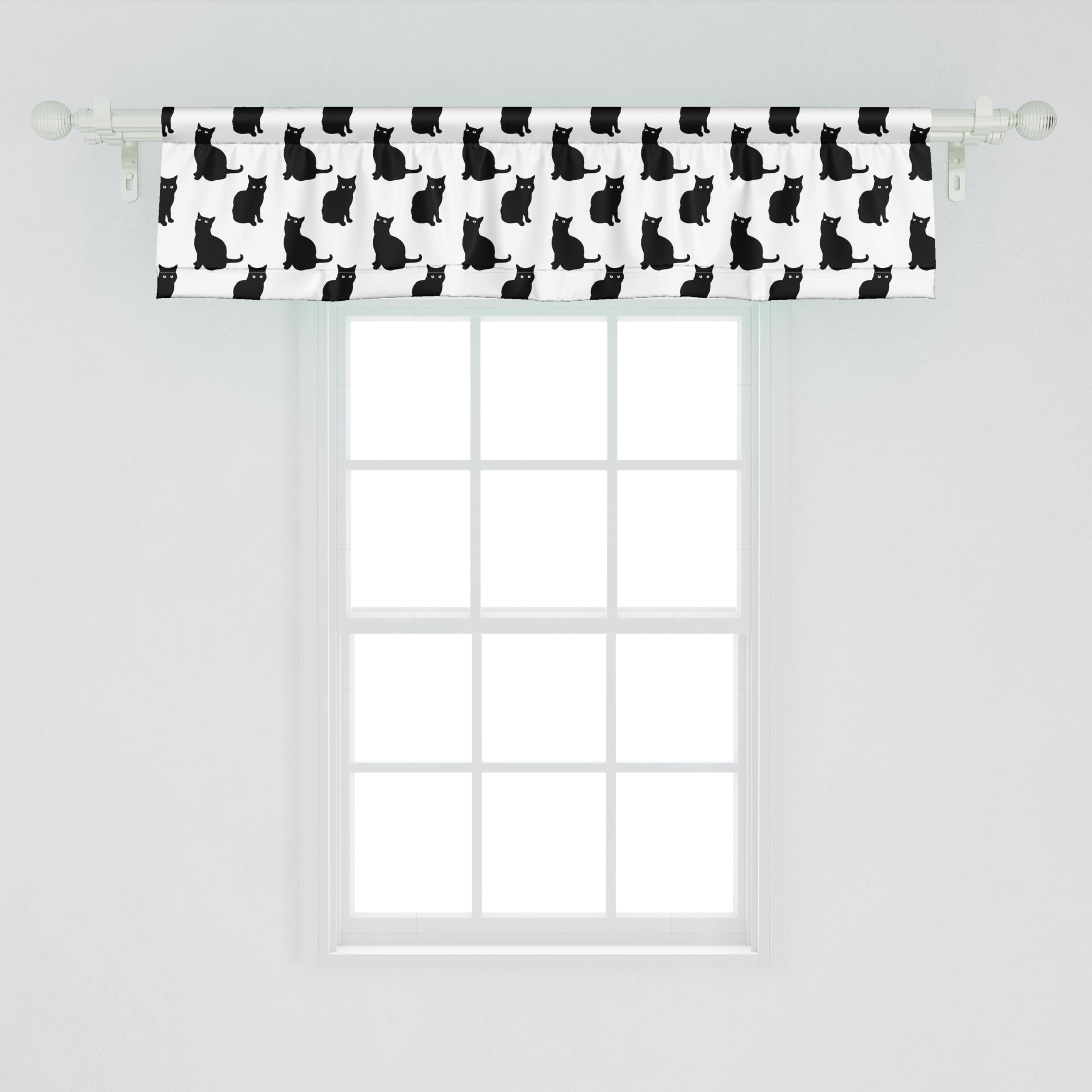 Ambesonne Black Cat Window Valance - Playful White Backdrop Animal Design, Rod Pocket Kitchen & Bedroom Curtain (54x12 Inches) - Perfect for Pet Lovers' Home Decor & Cozy Living Spaces