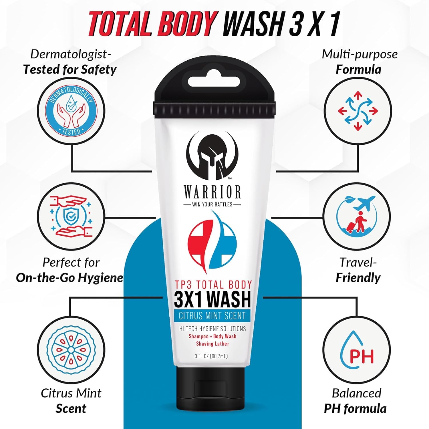 3 in 1 Body Wash for Men & Women - Travel Size Shampoo, Shaving Lather & Liquid Soap with Refreshing Citrus Mint Scent (3.0 FL OZ) - Perfect for Military, Camping, Gym, Travel & Outdoor Adventures