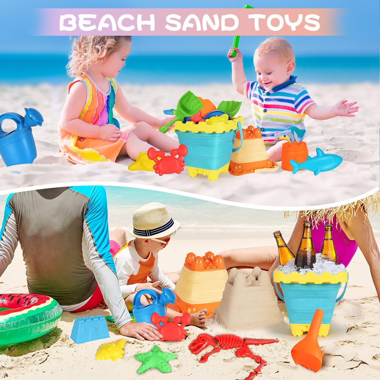 24PCS Beach Sand Toys Set with Mesh Backpack - 2 Foldable Buckets, Sand Molds, Shovels, Rakes & Watering Can | Summer Outdoor Toys for Kids & Toddlers | Perfect for Beach, Sandbox, Backyard & Pool Play