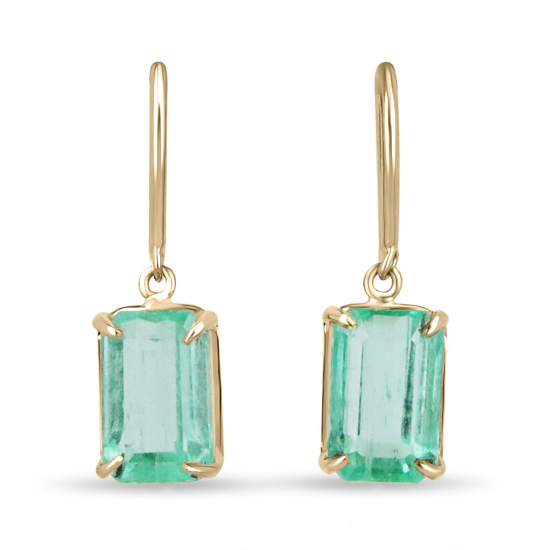 4.90tcw 14K Gold Light Spring Green Emerald Cut Solitaire Dangle Earrings for Women - Elegant Drop Earrings for Wedding, Party & Evening Wear