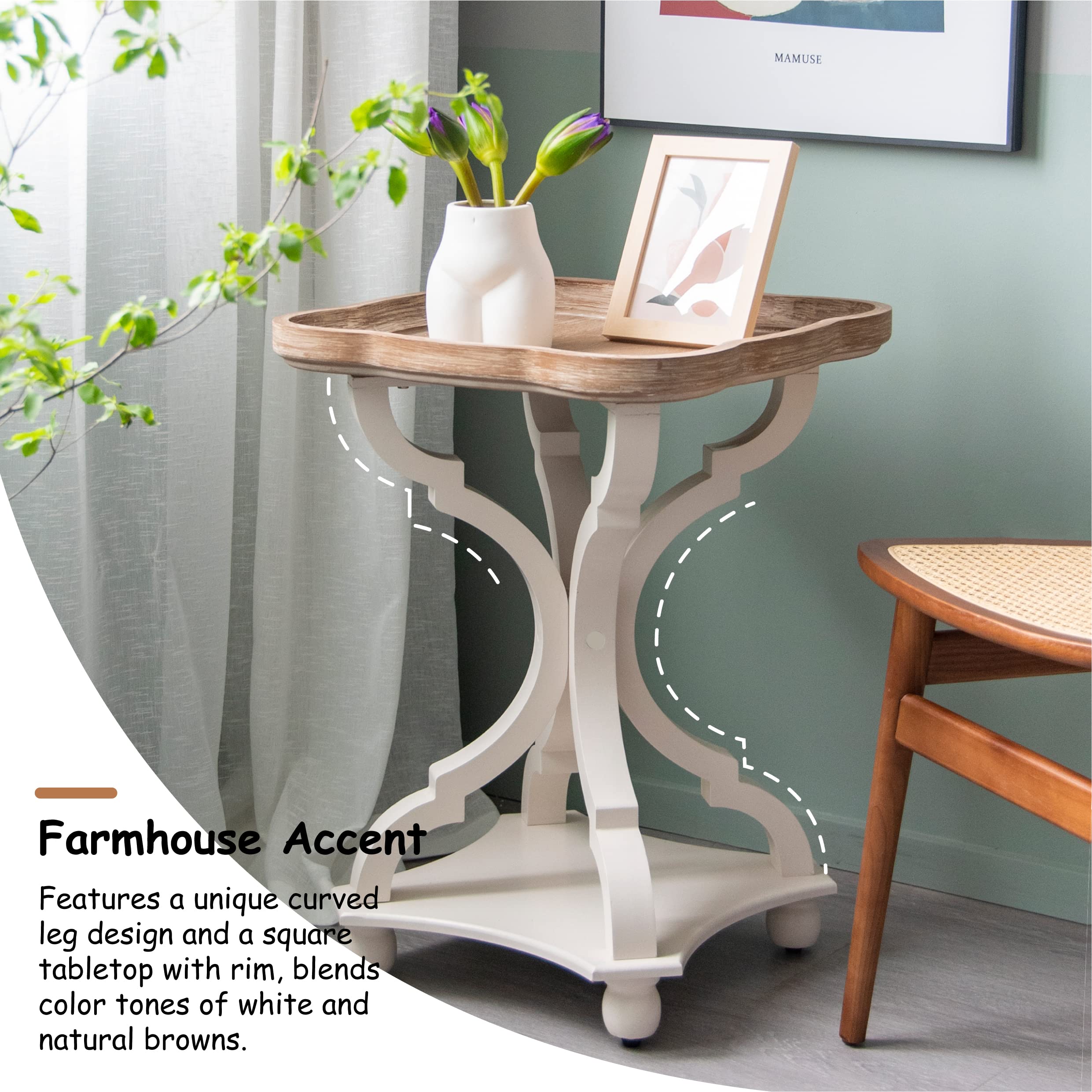 LONYKE Farmhouse End Table - Rustic Accent Side Table with Natural Tray Top, Handcrafted Finish, Modern White Nightstand for Living Room, Bedroom, or Dining Room - Perfect for Cozy Family Spaces