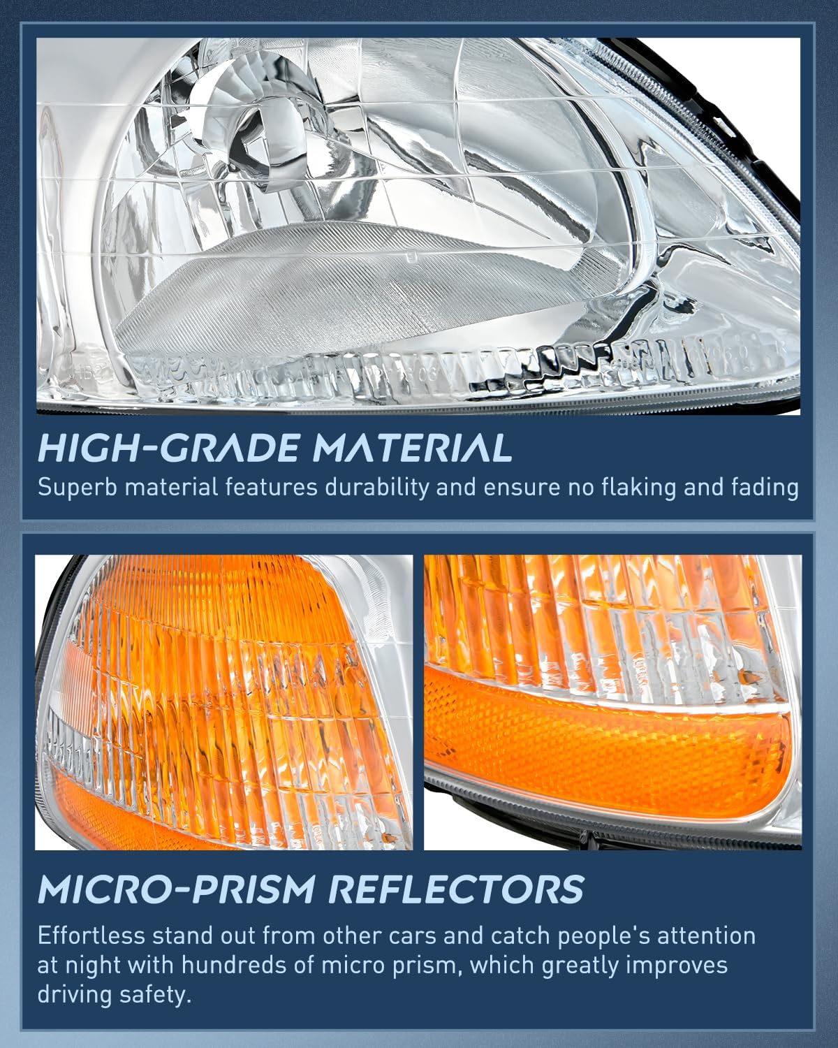 1996-1998 Honda Civic Headlight Assembly - Chrome Housing, Amber Reflector & Clear Lens Replacement - Perfect for Night Driving & Car Restoration Projects