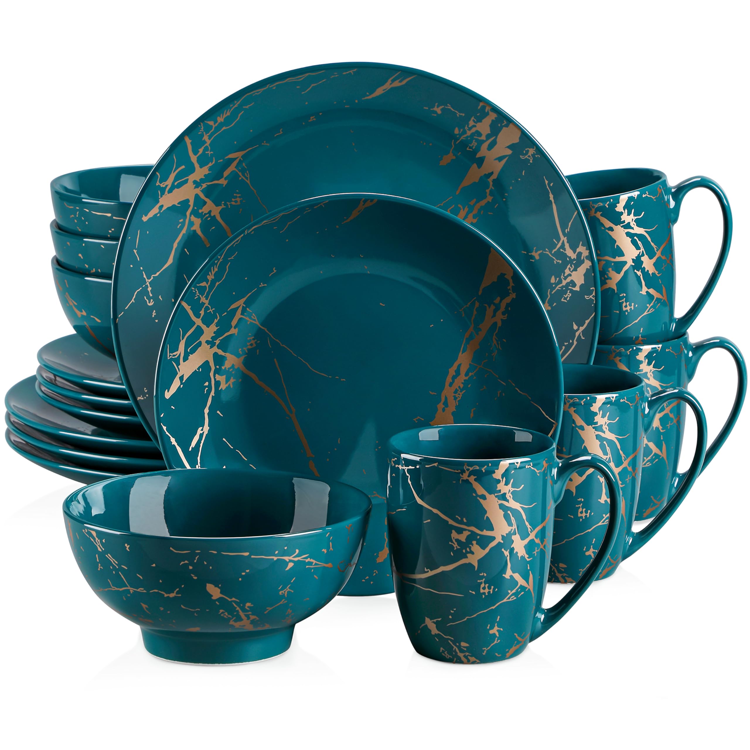 LOVECASA 16-Piece Porcelain Dinnerware Set for 4 - Gold Trim Dark Green Plates, Bowls & Mugs - Elegant Dinner Plates, Dessert Plates & Soup Bowls - Perfect for Family Dinners, Holiday Entertaining & Restaurant-Style Dining