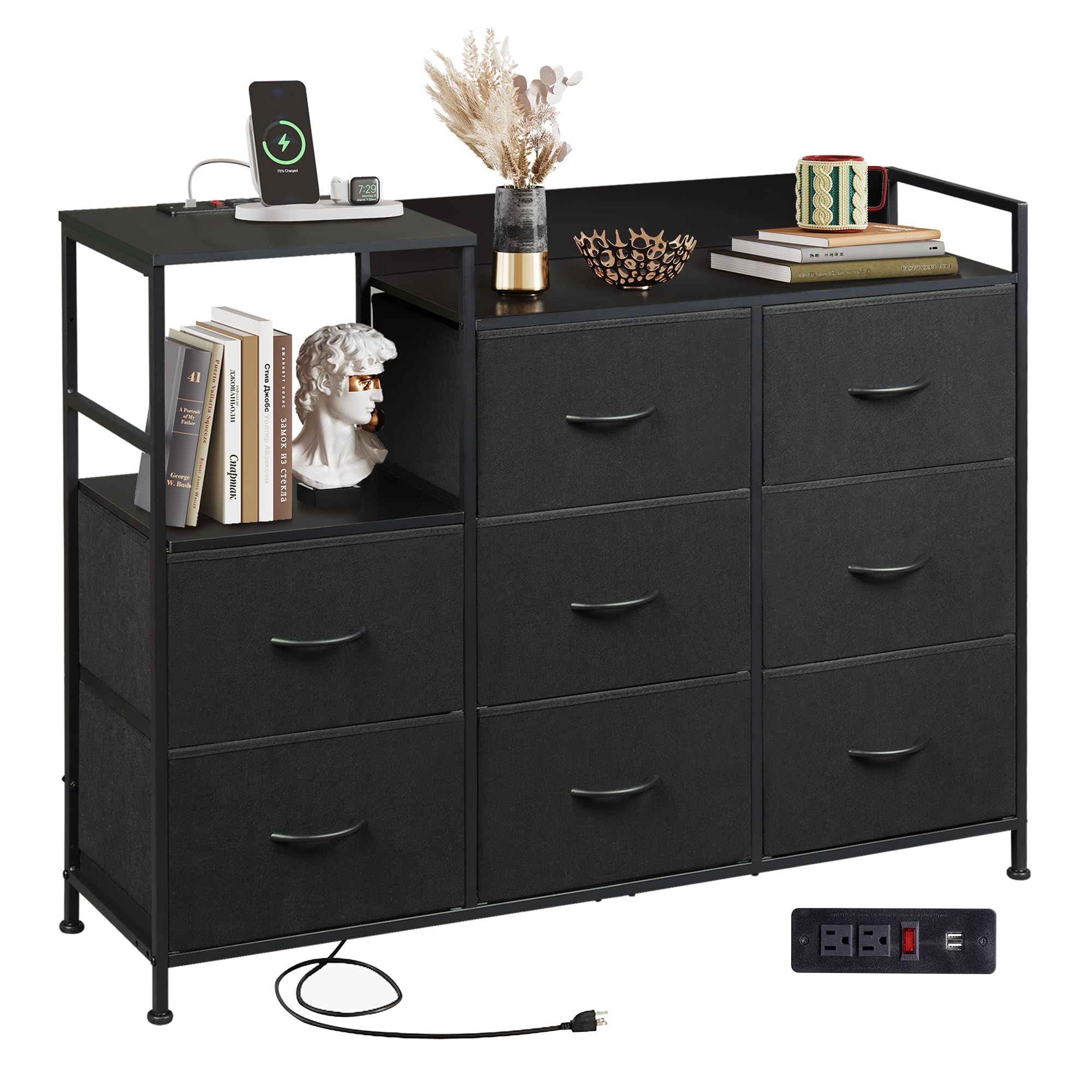WLIVE Black Dresser TV Stand with 8 Drawers, Wood Top & Charging Station - Fabric Storage Chest with Open Shelves for Bedroom, Living Room & Hallway - Perfect for Organizing Clothes, Electronics & Home Decor