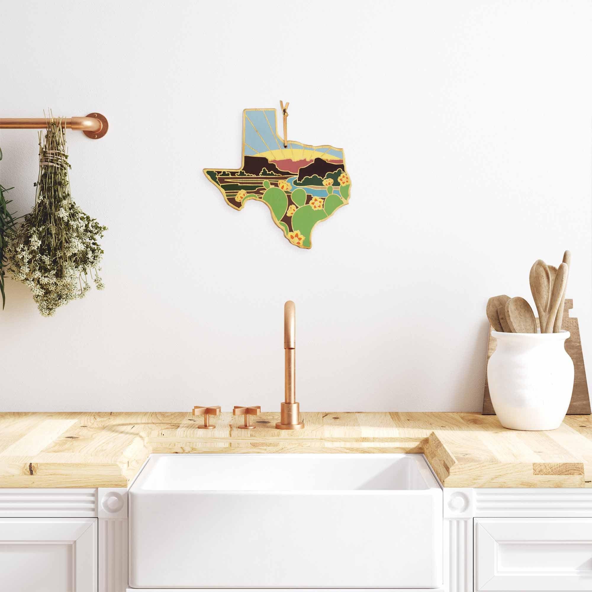 Handcrafted Texas-Shaped Wooden Cutting Board with Summer Stokes Artwork - Perfect for Kitchen Decor, Gift Giving & Serving Charcuterie
