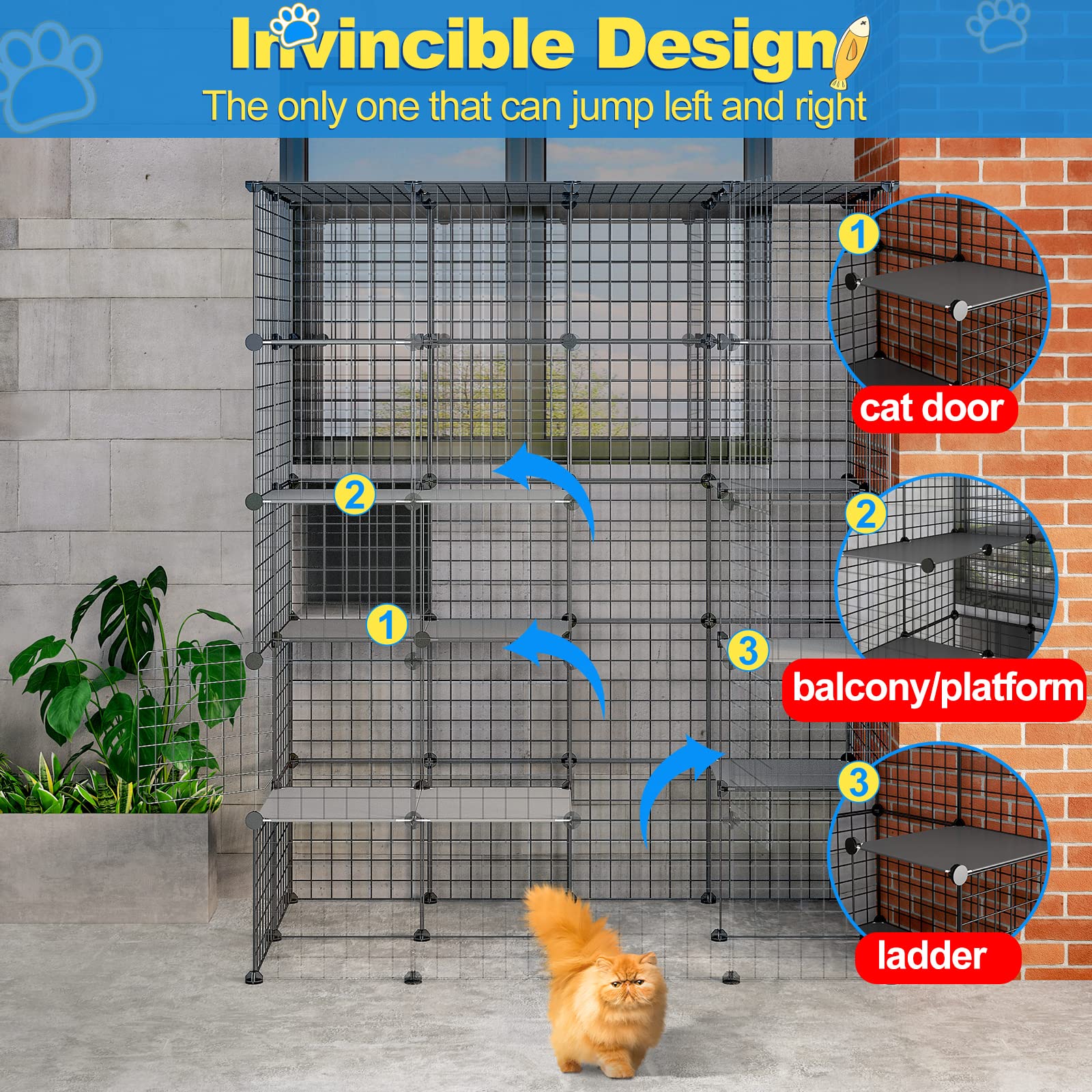 Eiiel DIY Outdoor Cat Enclosure - Large Catio Cage House with 6 Jumping Platforms, Spacious Entrance & Easy to Clean - Perfect for Backyard, Patio or Balcony Cat Play Area