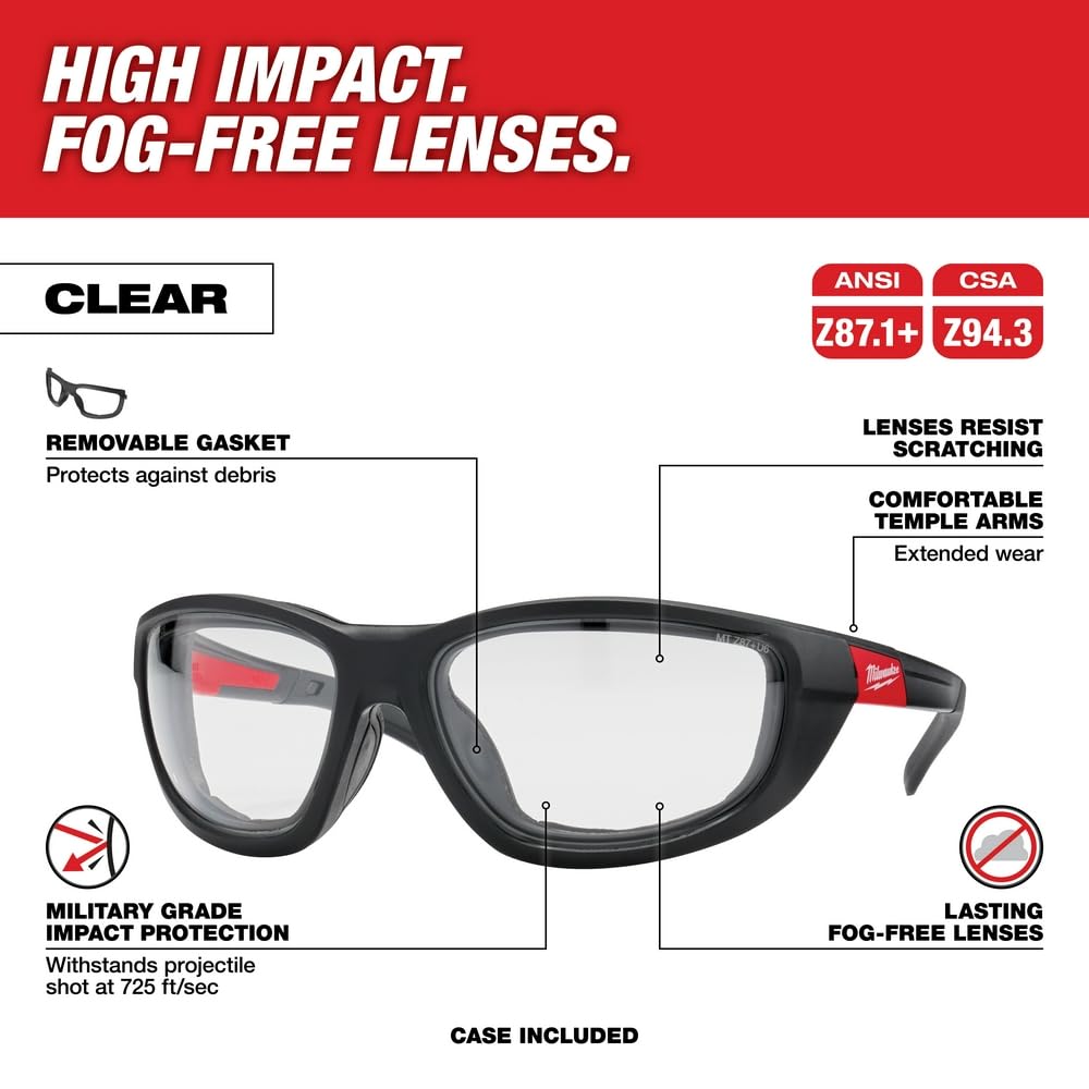 Milwaukee Clear Performance Safety Glasses with Gasket - ANSI Z87.1 Certified Protective Eyewear for Construction, Woodworking & DIY Projects
