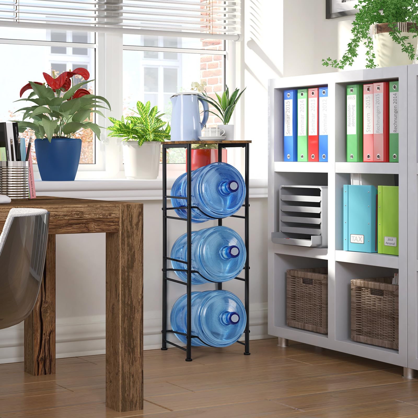5 Gallon Water Bottle Jug Holder - 3-Tier Heavy Duty Water Dispenser Stand Rack with Top Shelf - Rustic Brown Organizer for Kitchen, Living Room, Office - Perfect for Home, Workplace and Outdoor Use