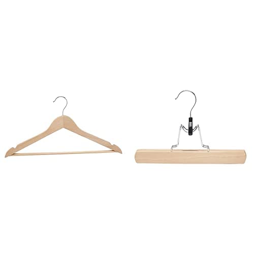 Amazon Basics Natural Wooden Suit & Clothes Hangers - 20-Pack for Wardrobe Organization | Amazon Basics Natural Wooden Pants Hangers - 10-Pack for Closet Storage