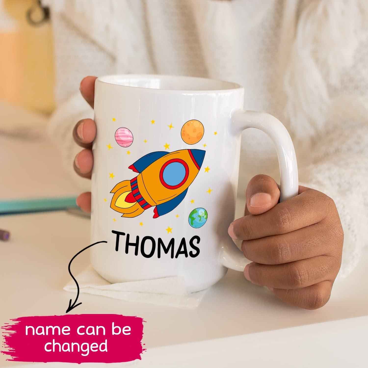 Personalized Kids Coffee Mug with Name - Custom Rocket Ship Design for Hot Chocolate & Drinks - 11oz & 15oz Ceramic White Mugs - Perfect Birthday Gift for Boys & Girls - Great for School, Home & Travel Use