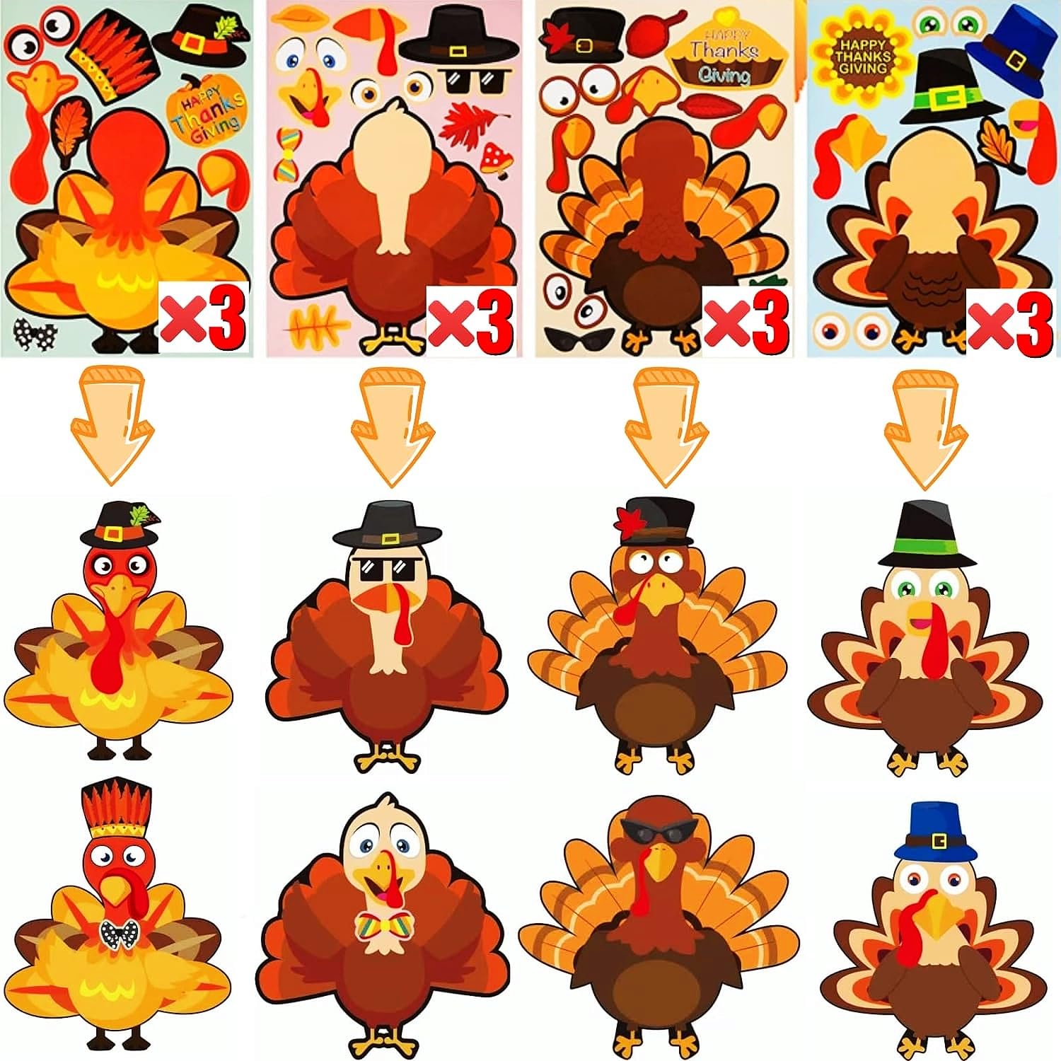 36 Sheets Thanksgiving Stickers (12 Unique Designs) - DIY Turkey Crafts for Kids, Fall Party Supplies | Perfect for Classroom Activities, Holiday Decorations & Family Thanksgiving Games