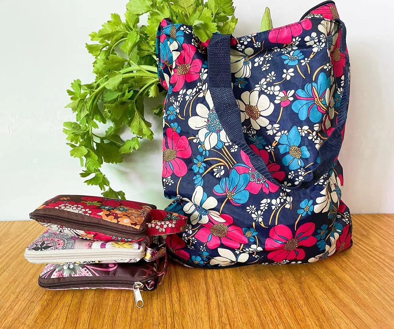 4 Pack Foldable Reusable Grocery Bags with Zipper - Floral Design Lightweight Durable Shopping Tote Bags Holds 50LBS - Perfect for Grocery Shopping, Farmers Market, Picnics & Travel