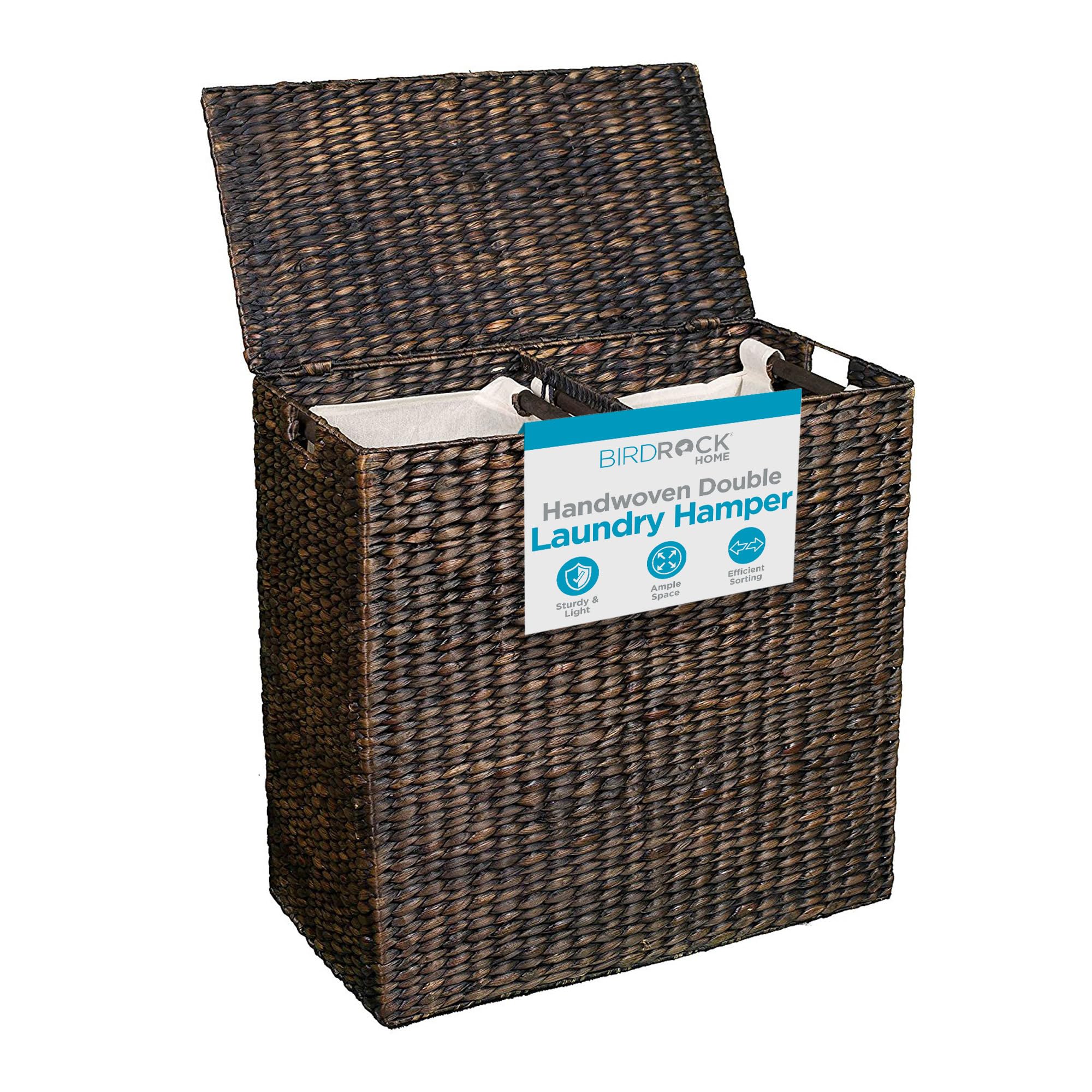 BIRDROCK HOME Handwoven Double Laundry Hamper with Removable Liner Bags & Lid - Espresso Woven Laundry Basket for College Dorm, Bathroom, Bedroom Storage | Perfect for Clothes Organization & Home Essentials